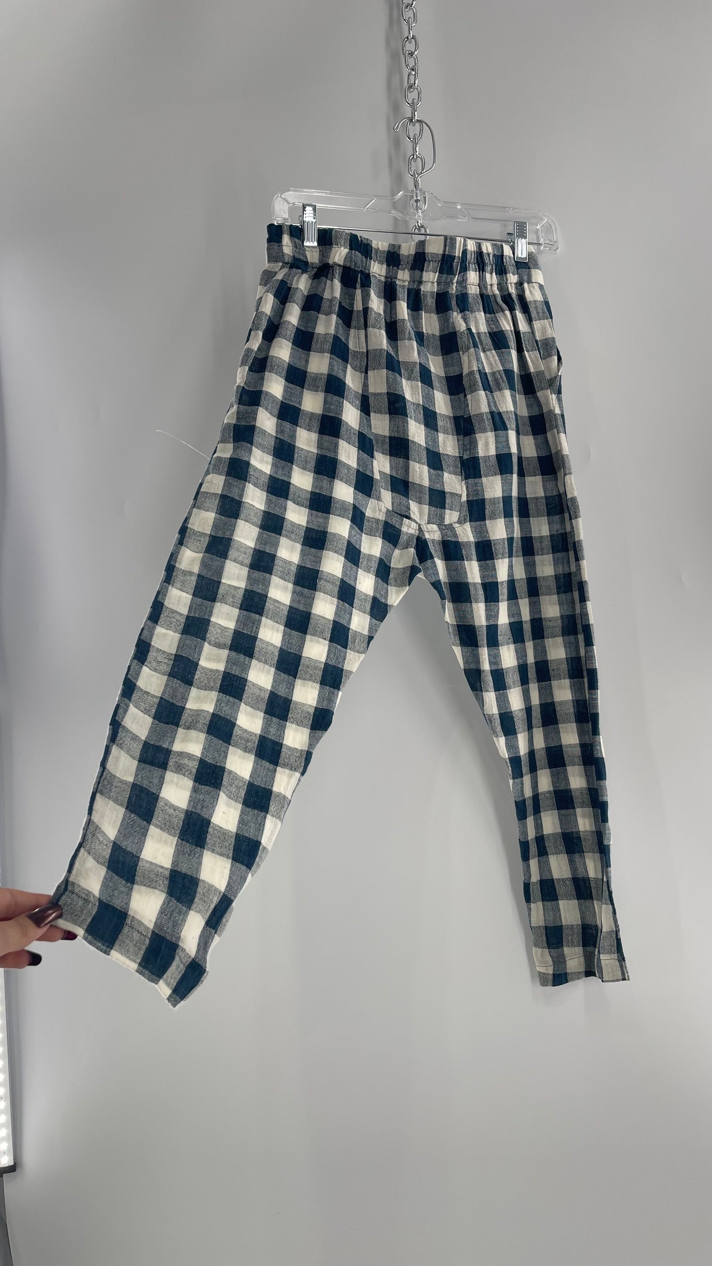 FAIRCLOTH Gingham Checkered White and Blue Linen/Cotton Cropped Drop Crotch (Small)