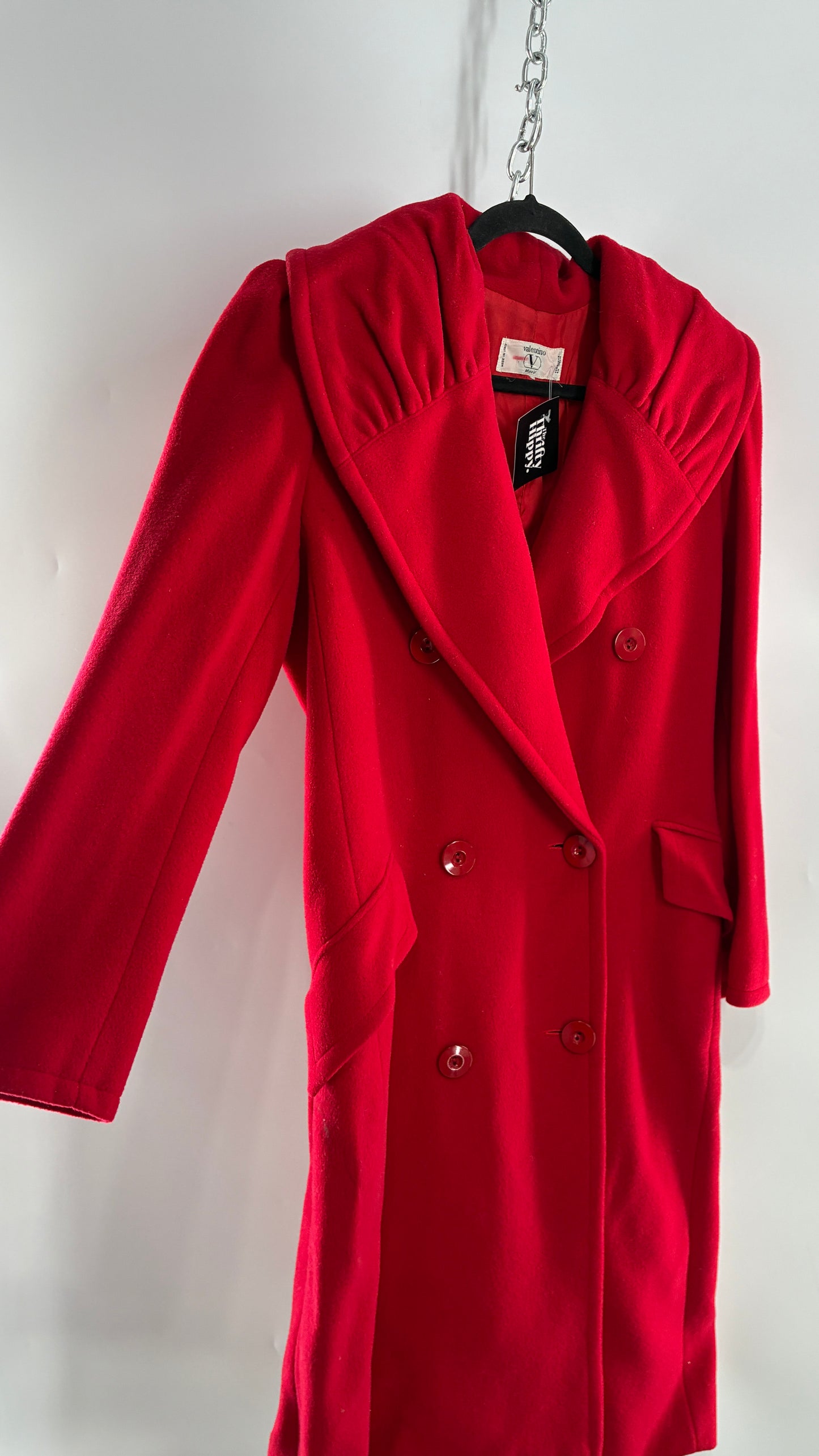 Vintage VALENTINO Miss V Red Sweeping, Tie Back and Pleated/Draped Collar Coat