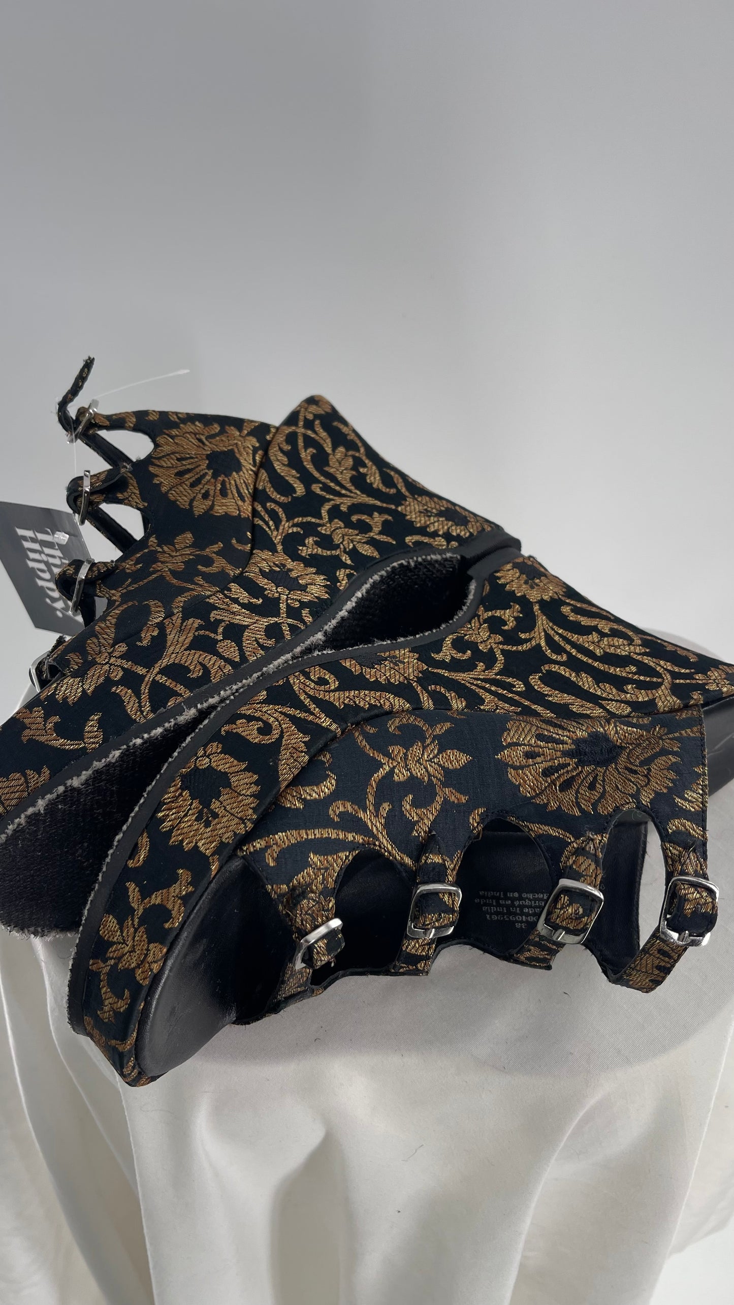 Free People Black Hoffman Buckle Front Wedge Heels with Satin Gold Paisley/Brocade Pattern (37)