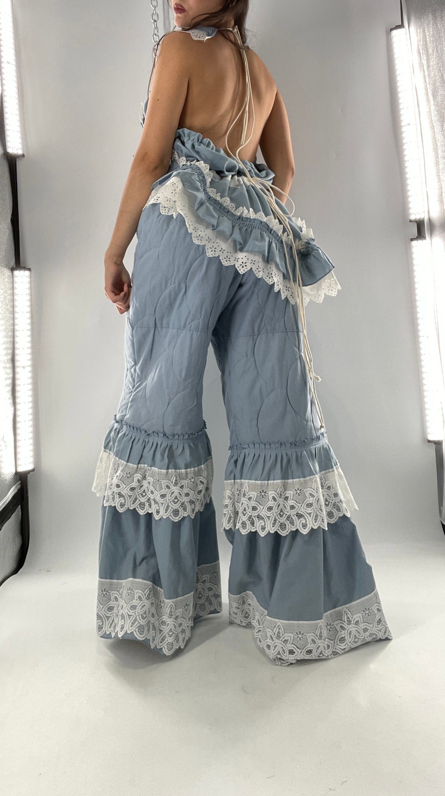 Vintage 2 Piece Powder Blue Set Featuring 2Way Blouse and Quilted Trousers Covered in Ruffles, Lace and Trim (One Size)