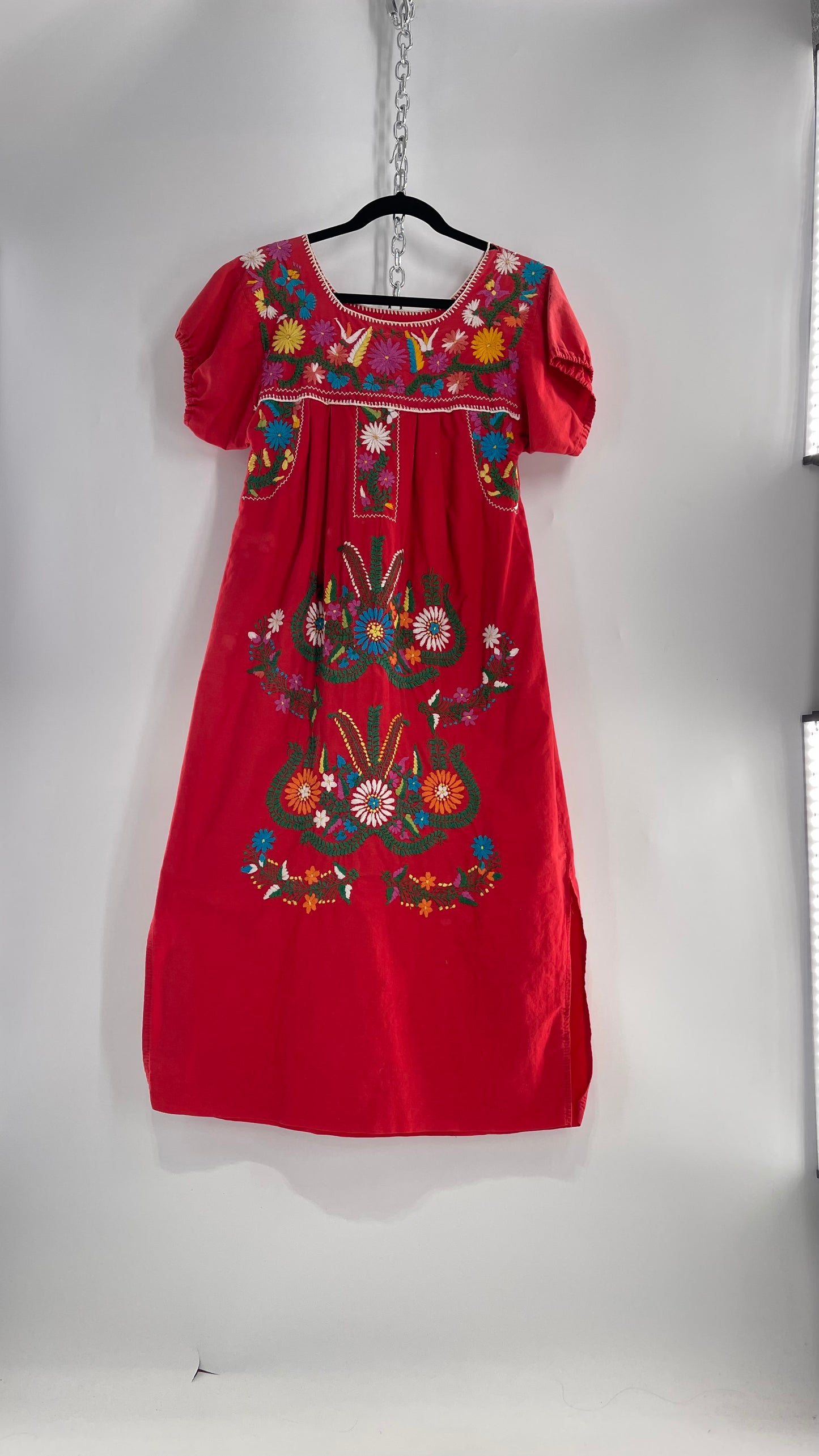 Vintage 1970s Red Cotton Dress with Hand Embroidered Florals Imported from Mexico (Small)