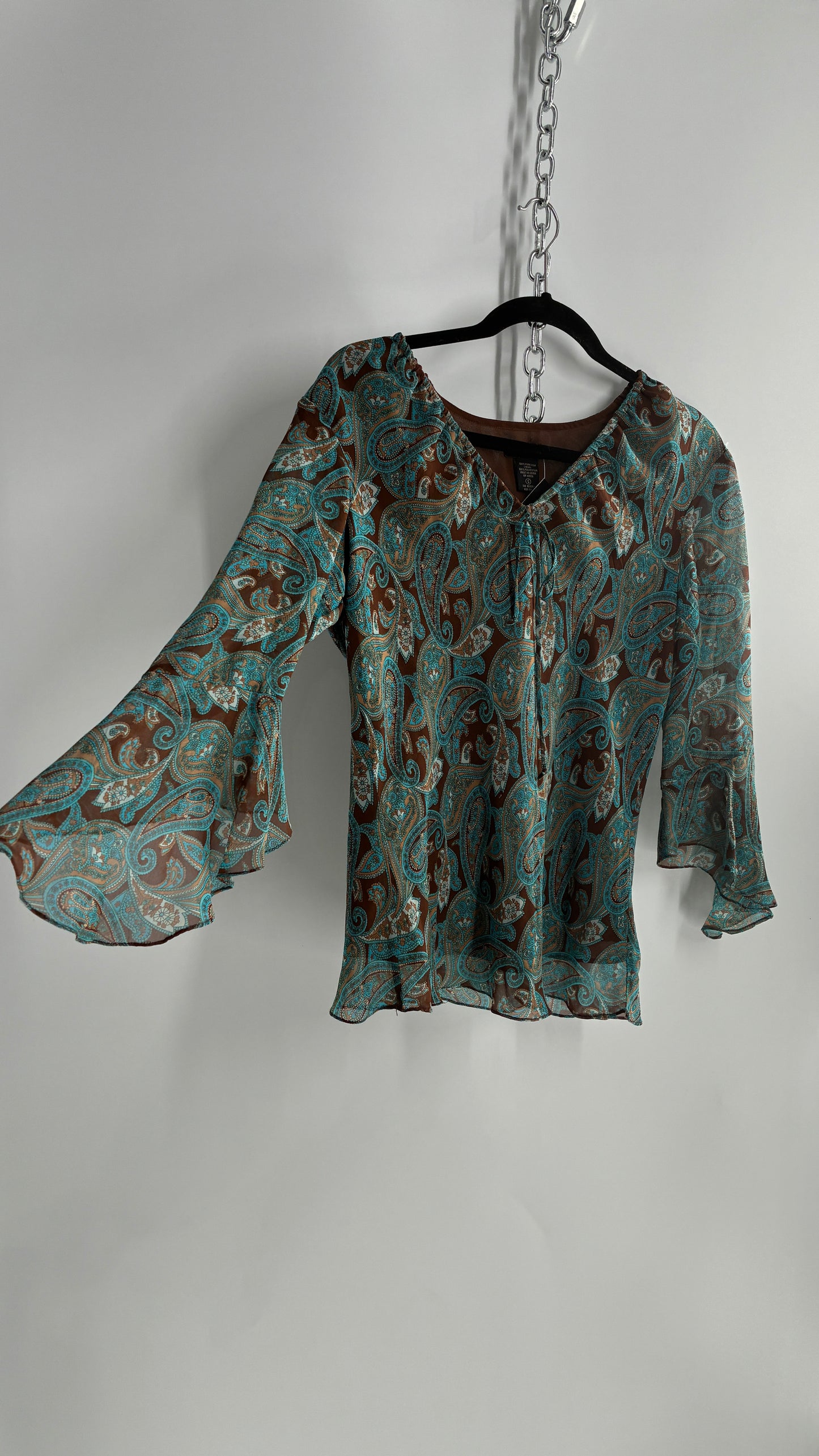Vintage ANNE CARSON 100% Silk Brown and Turquoise Quarter Bell Sleeve Blouse (Small)