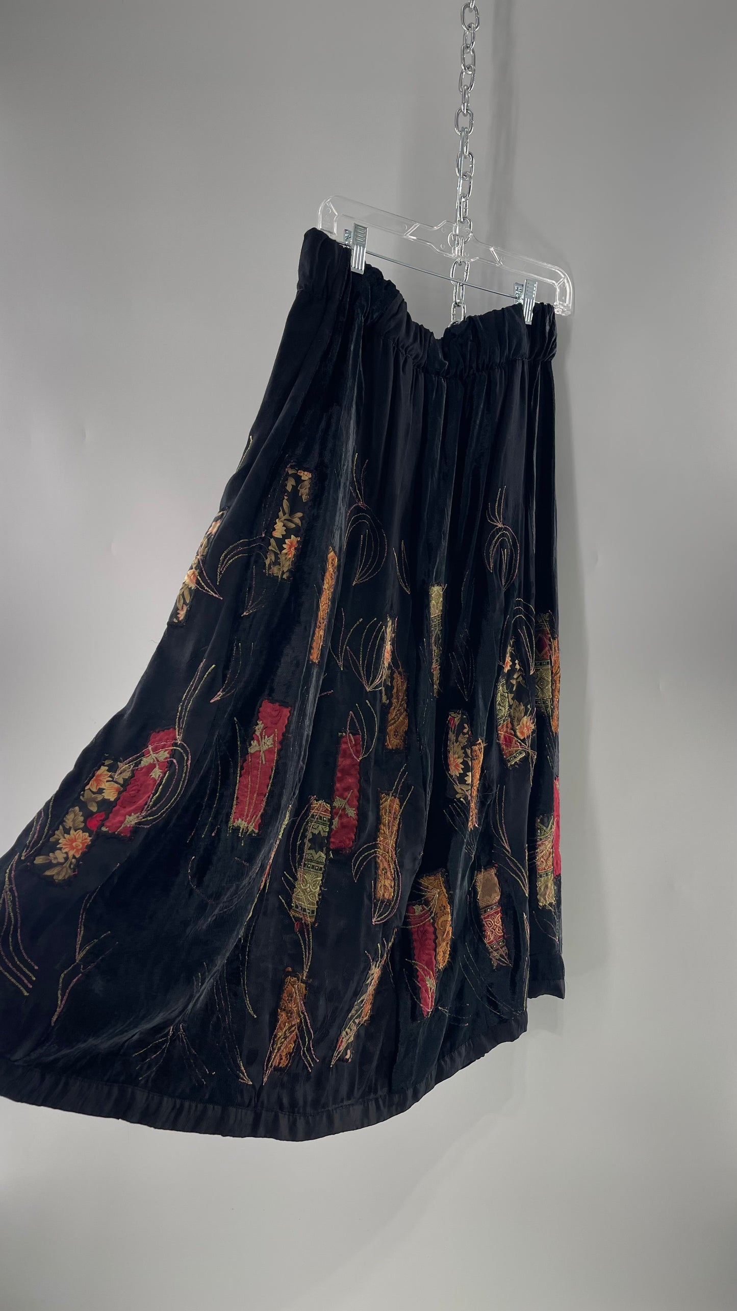 Vintage Black Velvet and Embossed Florals Patchwork Skirt with Metallic Stitch Detailing with Lining and Thick Waistline (M)