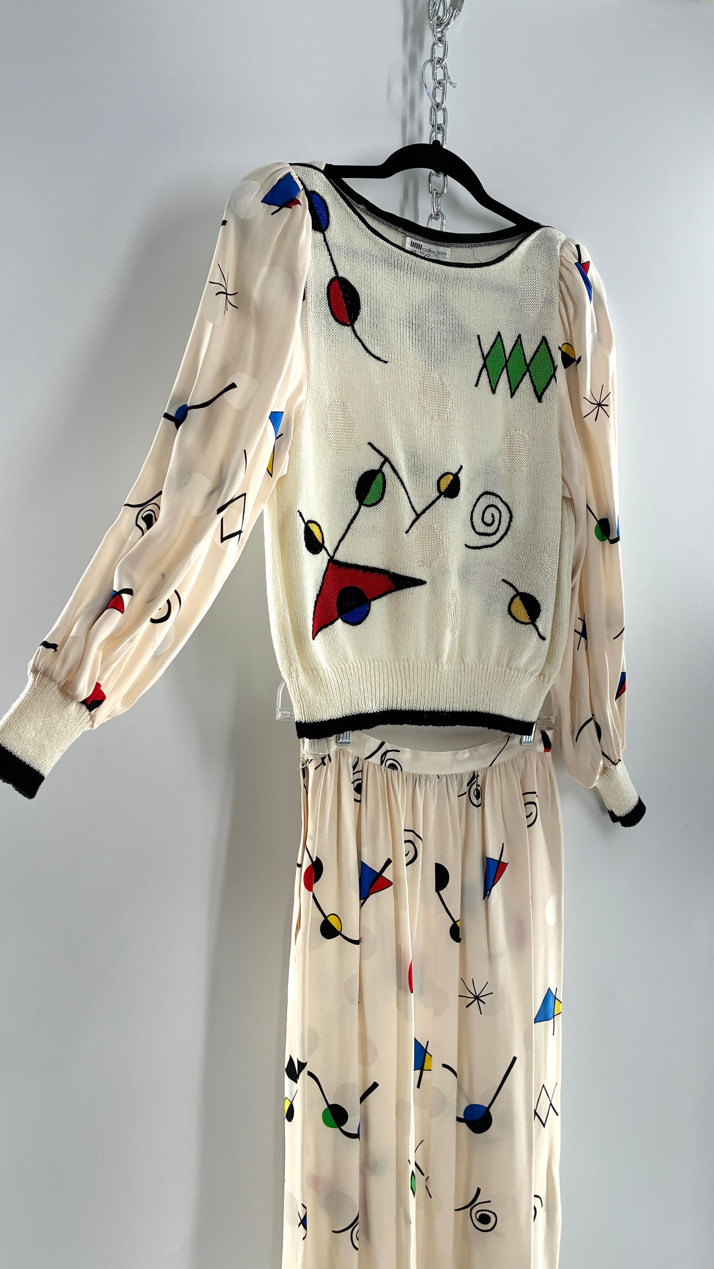 Vintage 1980s UMI collections by Anne Crimmins Off White 2 Piece Set with Abstract Embroidered Designs and 100% Silk Polka Dot Print Skirt (Medium Sweater, 8 Skirt)