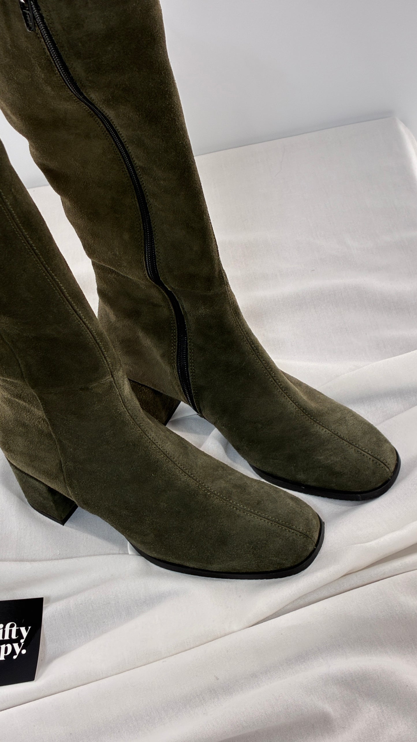 Vintage ERIC MICHAEL Olive Green Suede Boots Square Toe Knee High Boots (36)