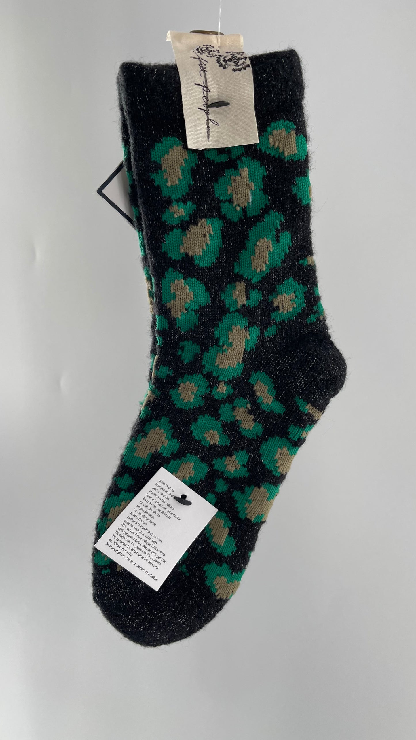 Free People Dark Grey Socks with Green Leopard Pattern