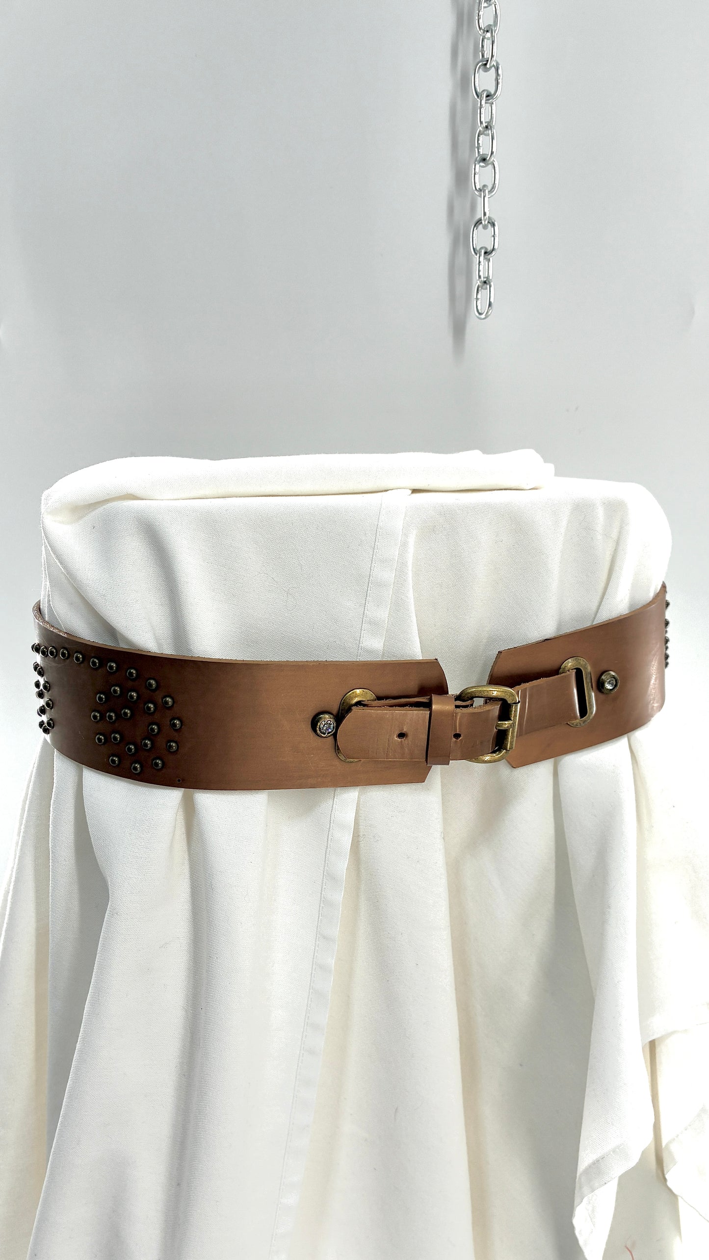 Vintage MADEMOISELLE Bronze Leather Thick Belt with Studded Rhinestone Details (L)