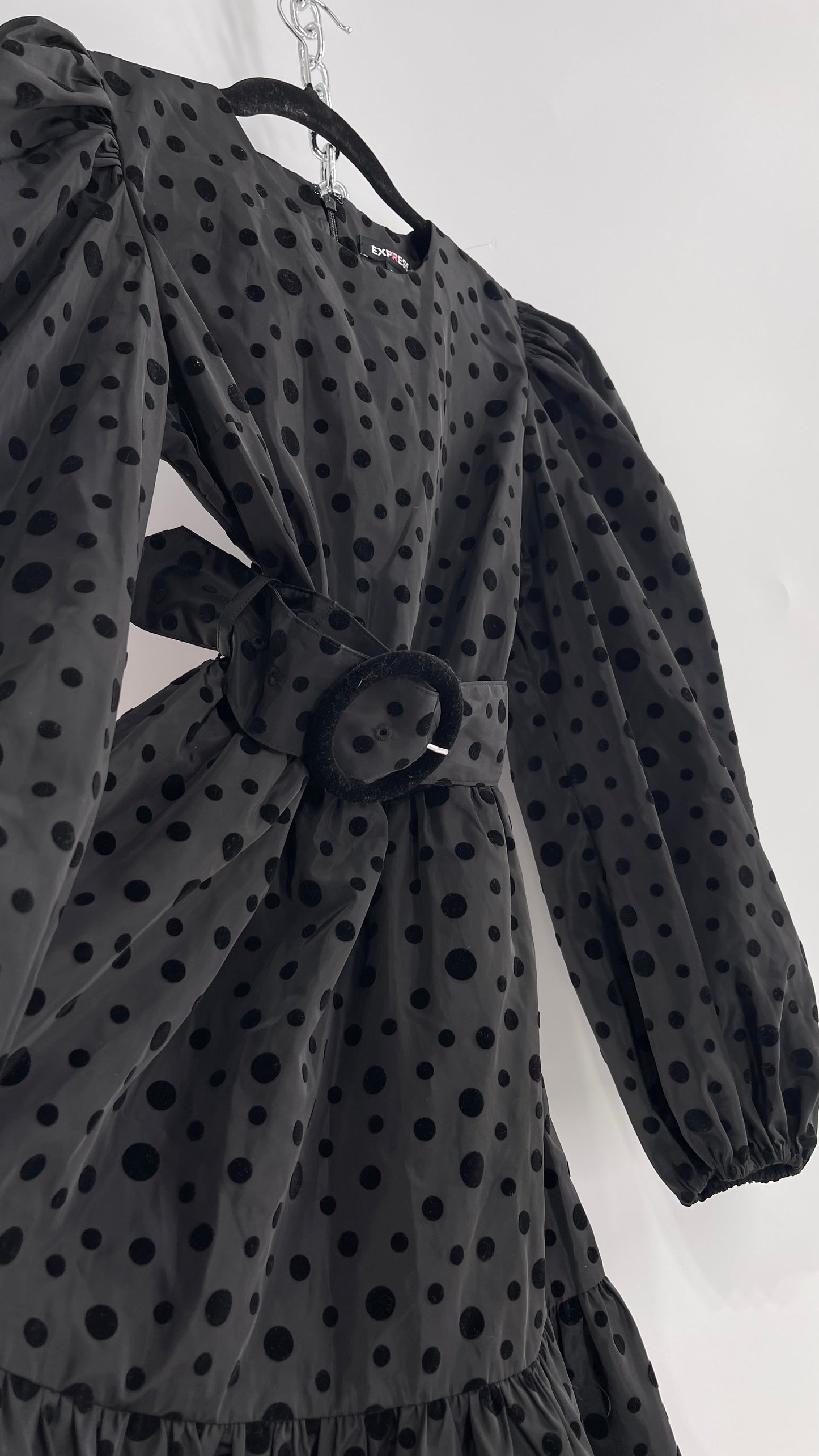 Express Black Taffeta Flare Out Dress with Balloon Sleeves, Velvet Polka Dot Pattern and Round Velour Belt Buckle  (XS)