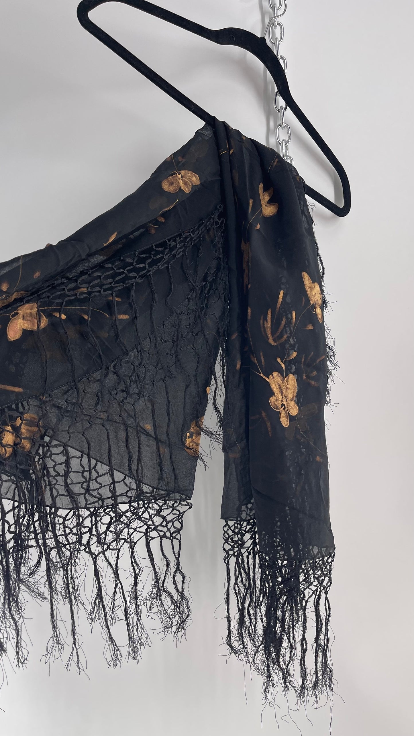 Vintage Black Fringe Scarf with Gold Painted Florals