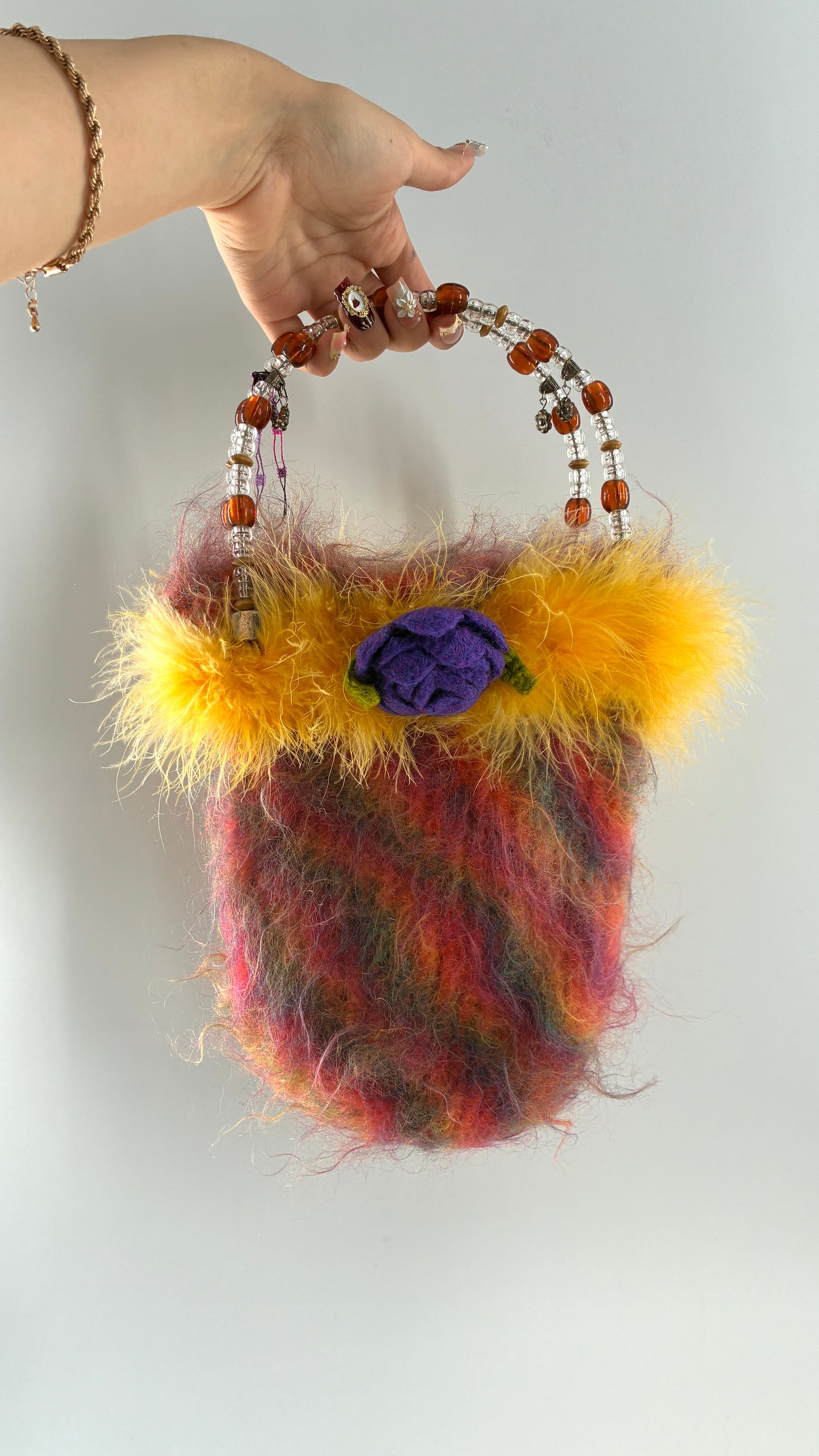 Deadstock Vintage Handmade Handwoven Bag with Beaded Handle, Metal Charms and Yarn Rosette