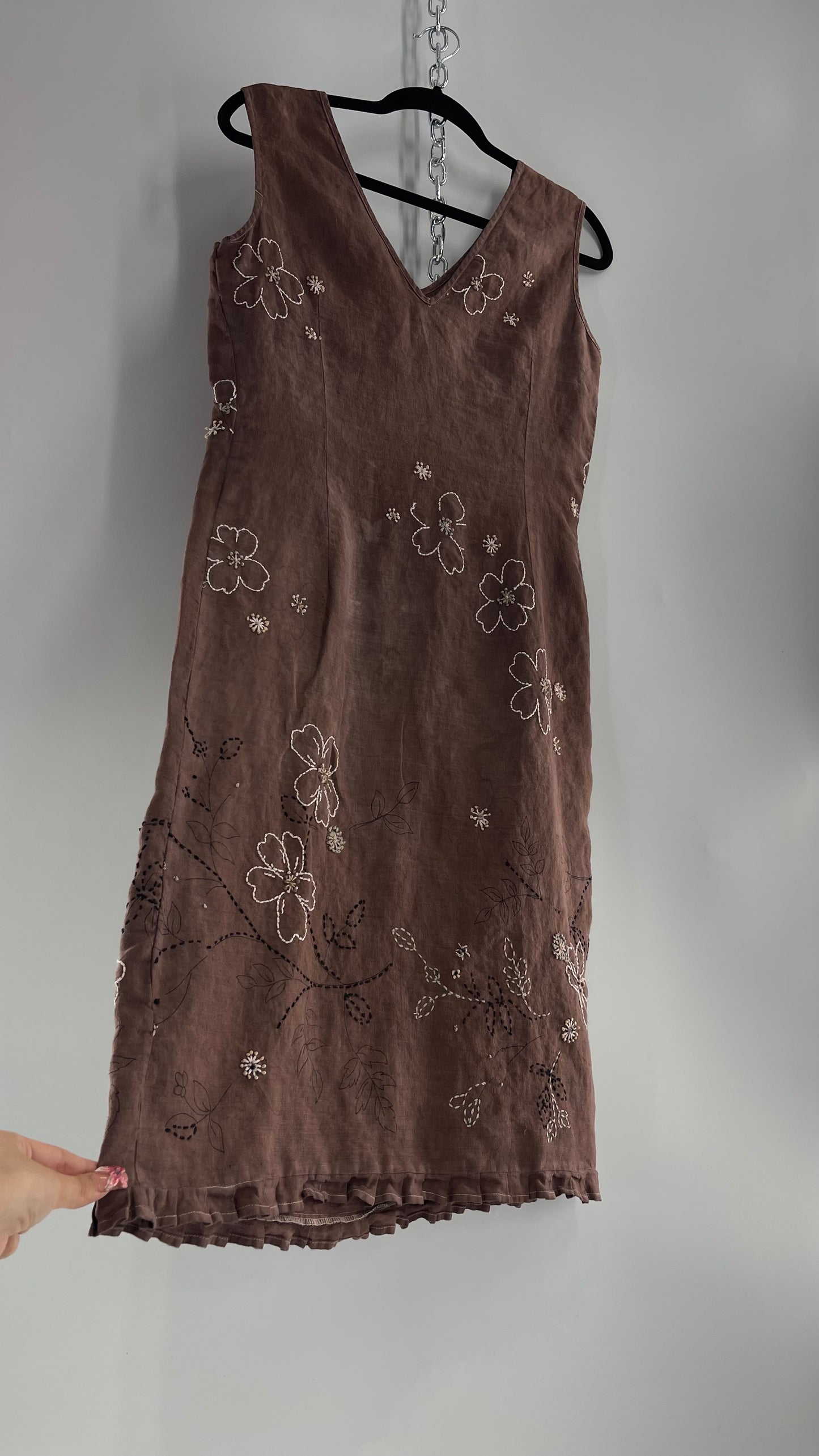 Vintage Willi Smith 100% Linen Dress with Embroidered Florals(10P)