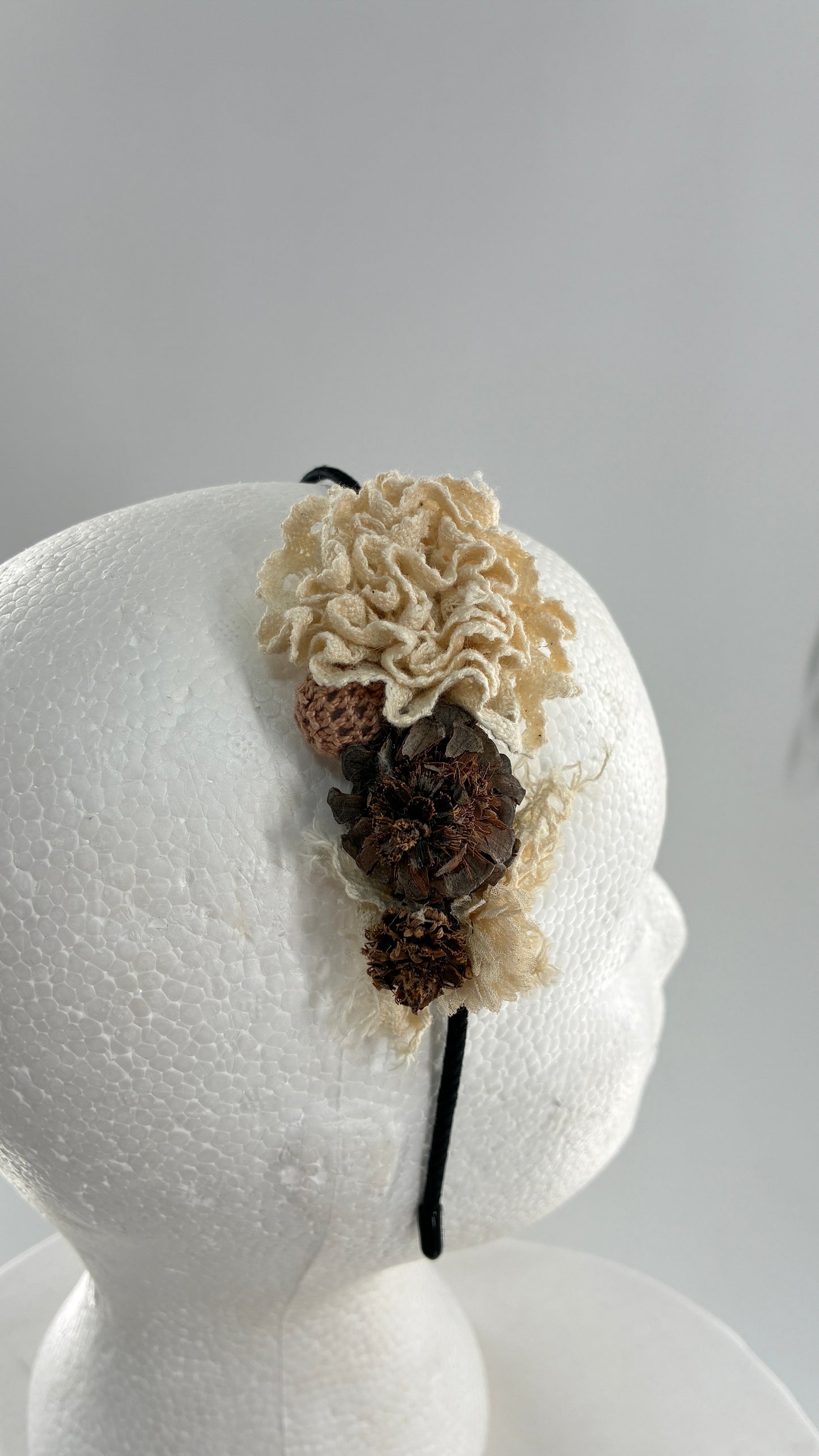 Vintage FARMER Handmade Discrete Headband with Crochet and Pine Appliqués