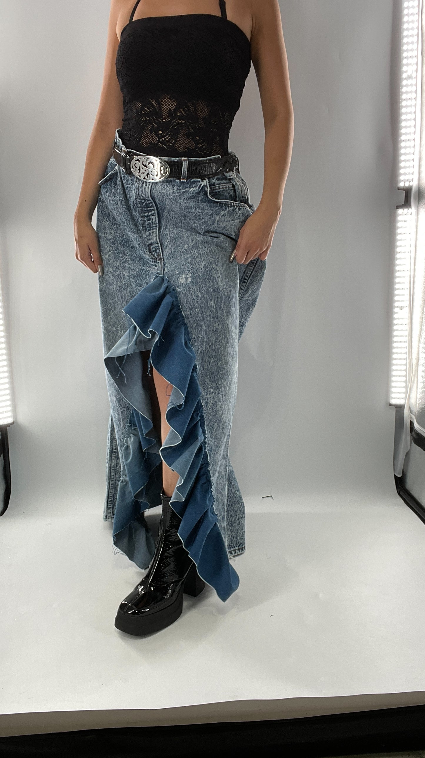 Custom Handmade Acid Wash Denim Slit Front Ruffled Skirt with Bow Bum (Large)