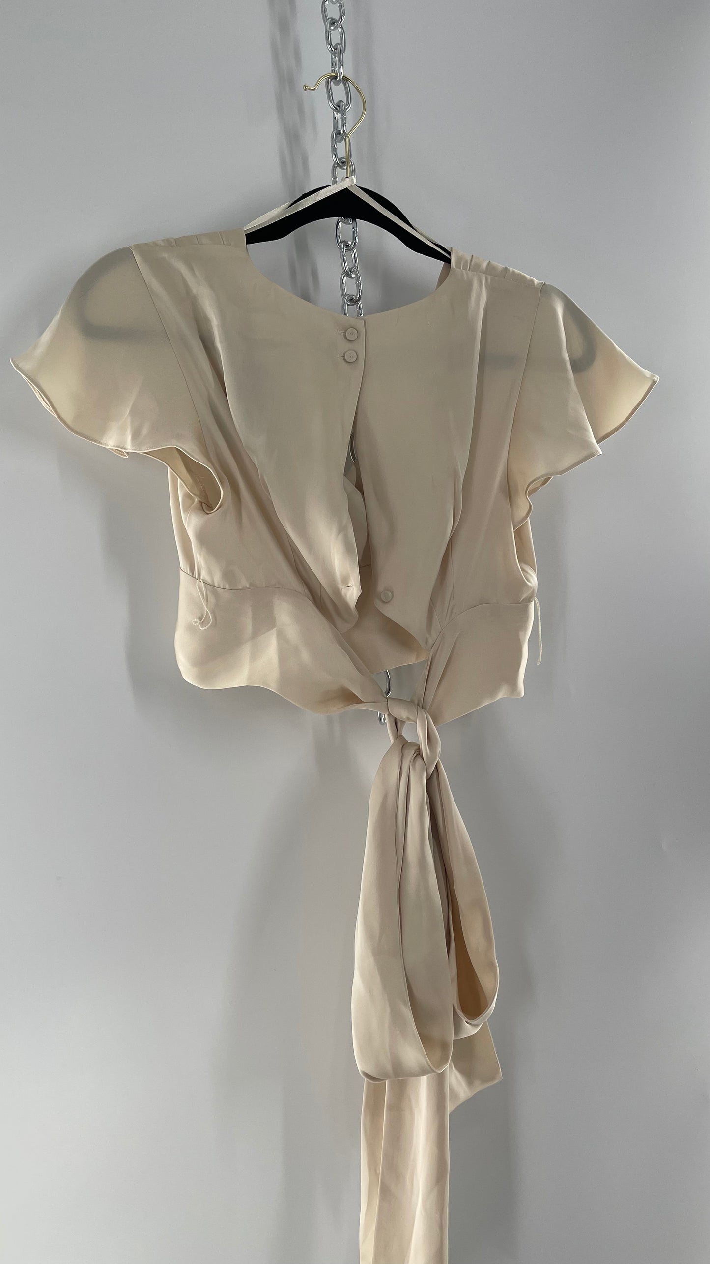 BCBGMAXAZRIA Off White Ivory Satin Tie Around Waist Cropped Blouse with Button Back and Tags Attached (XXS)