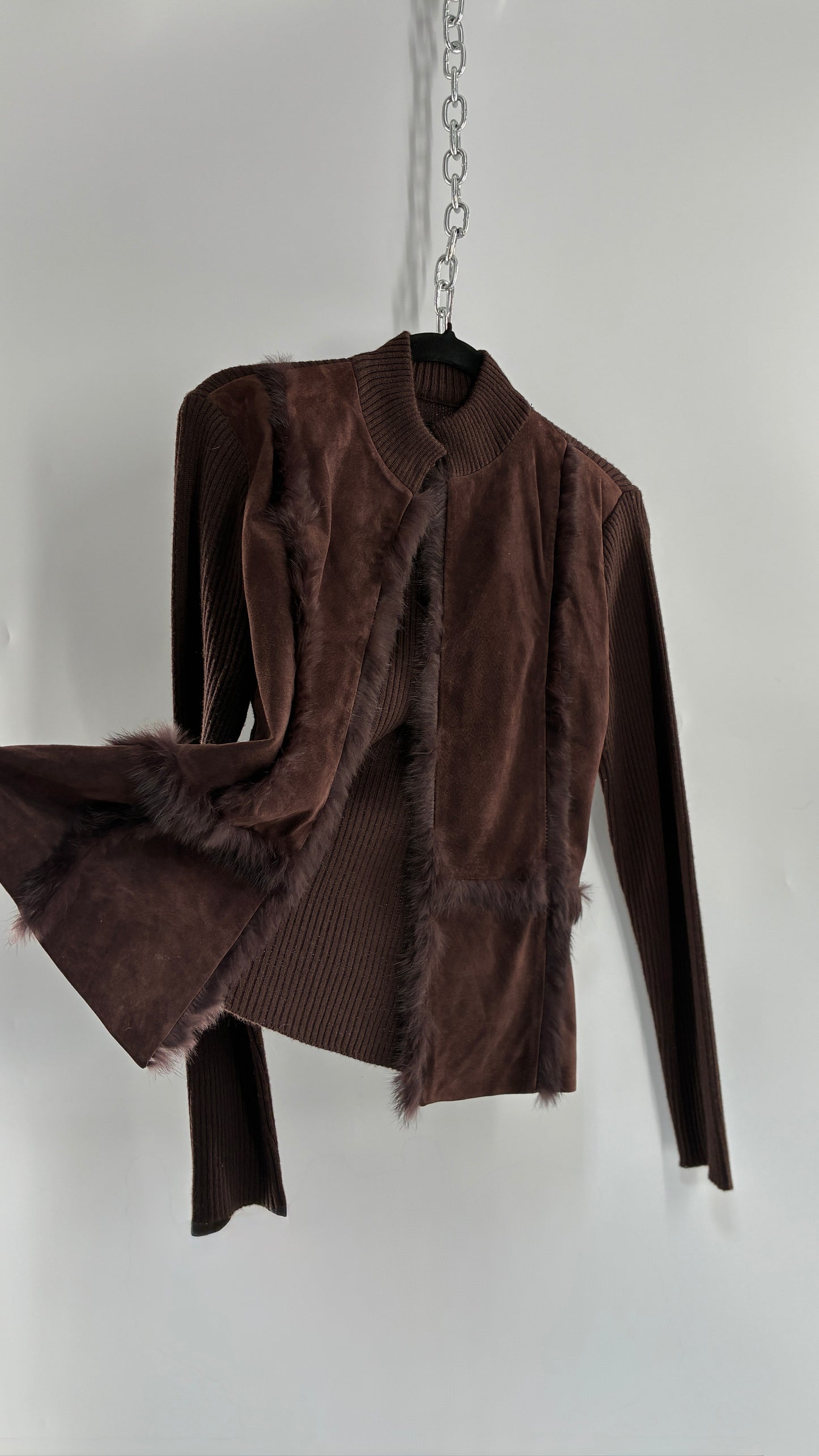 Vintage Brown Ribbed Jacket with Genuine Suede Leather Paneling and Rabbit Fur Trim (Medium)