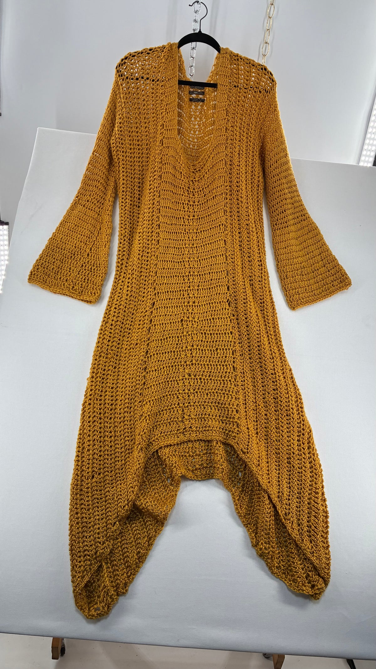 Vintage AUDRIE DESIGNS Mustard Crochet Bell Sleeve Duster Sweater Gown, Hand Knit  (OS)