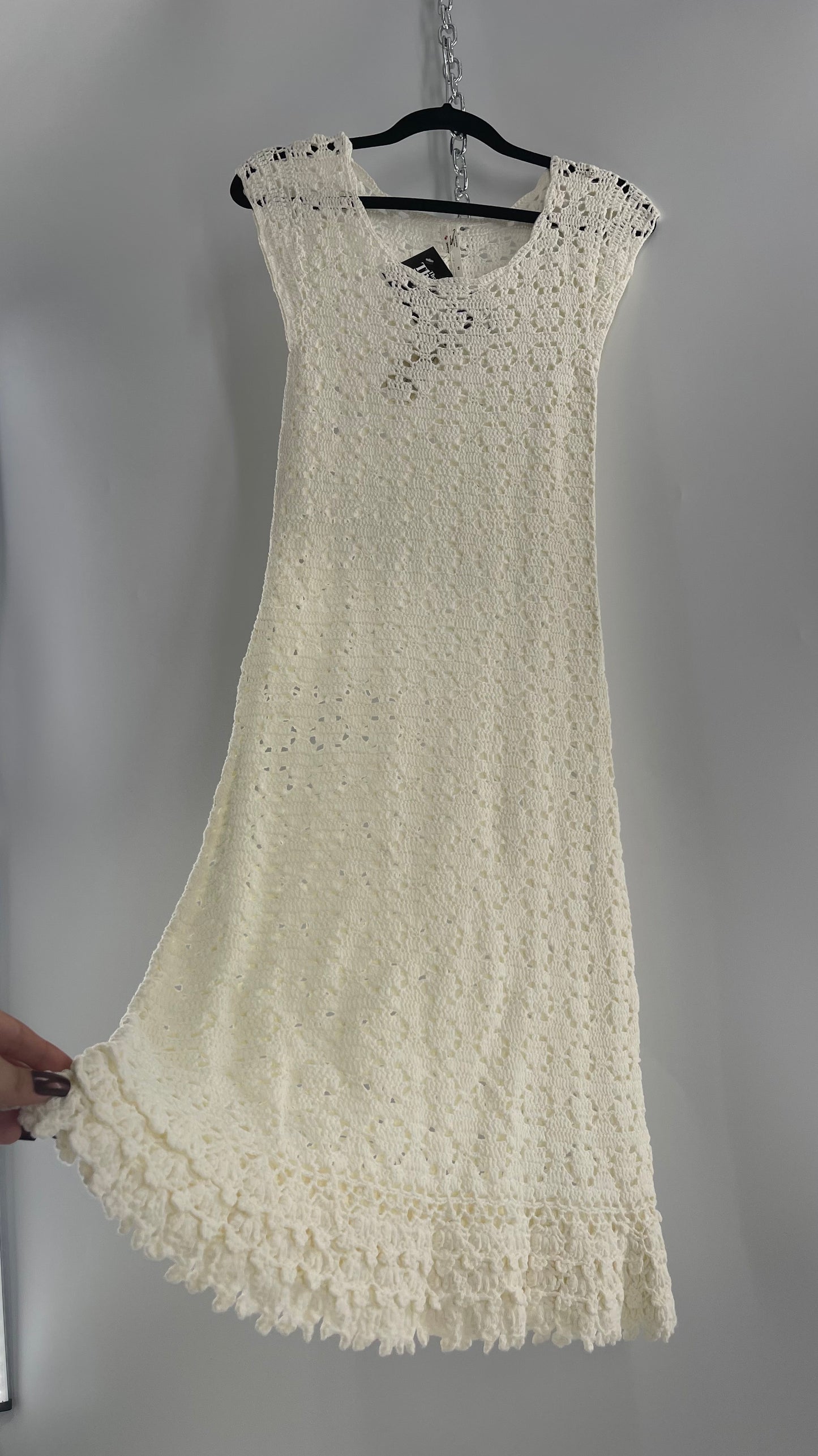 Anthropologie White Crochet Knit MIDI Dress with Tags Attached