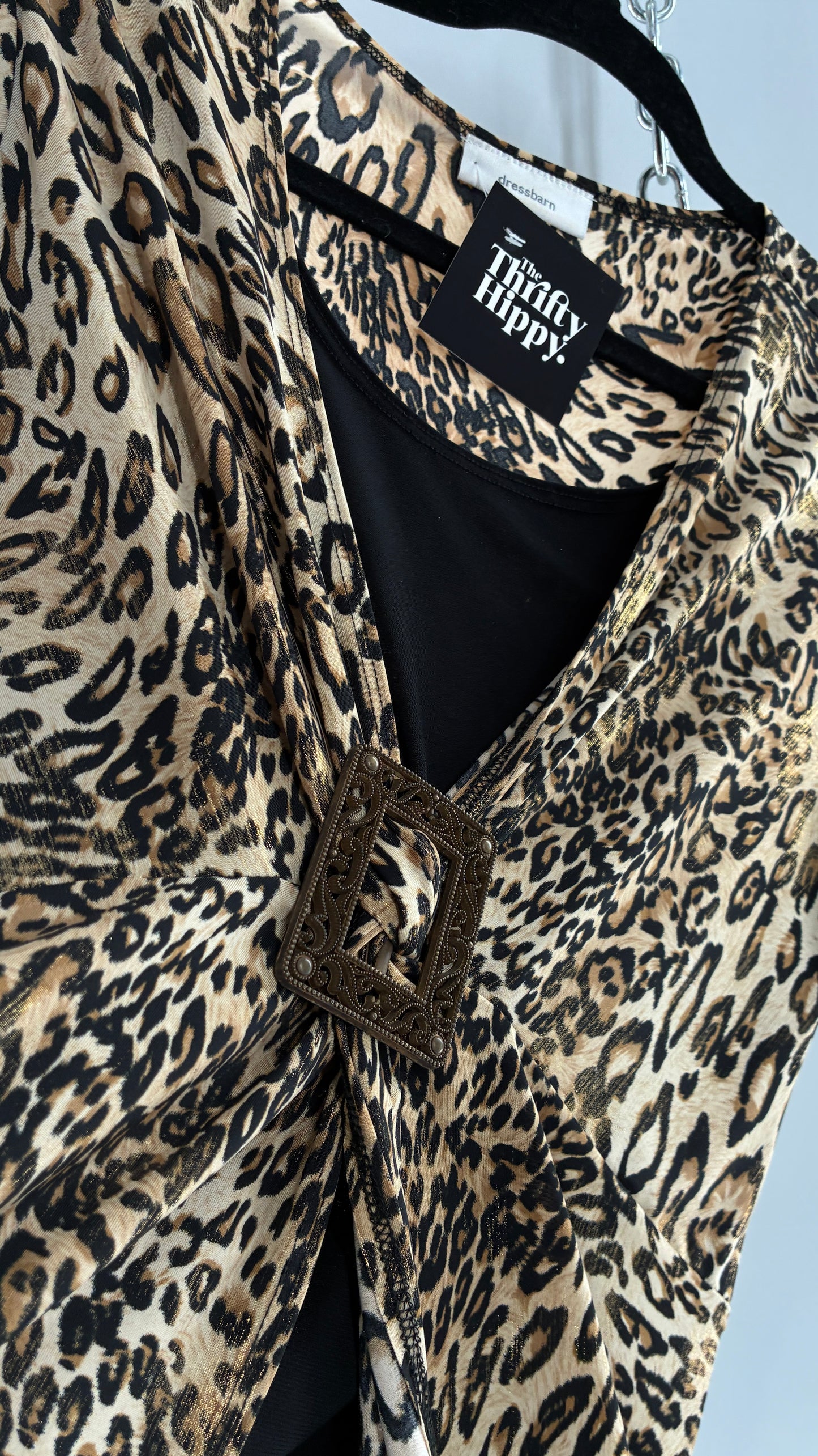 Vintage DRESS BARN Cheetah Patterned Metallic Sheen Belted Blouse with Buckle Detail (Large)