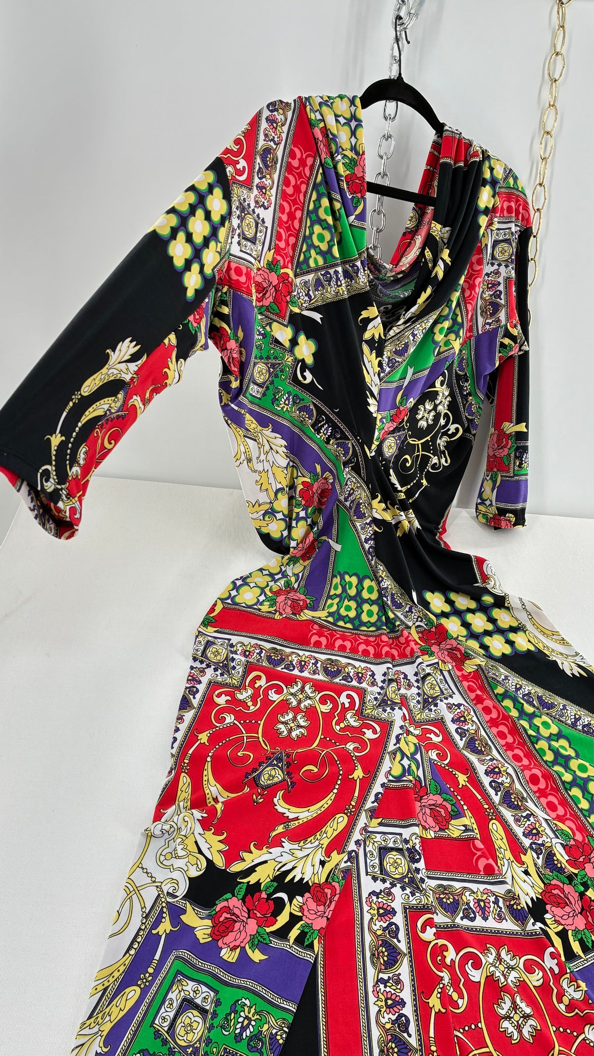 Vintage SEXY DIVA Drape Neckline Full Length Baroque Scarf Print Dress (Large)
