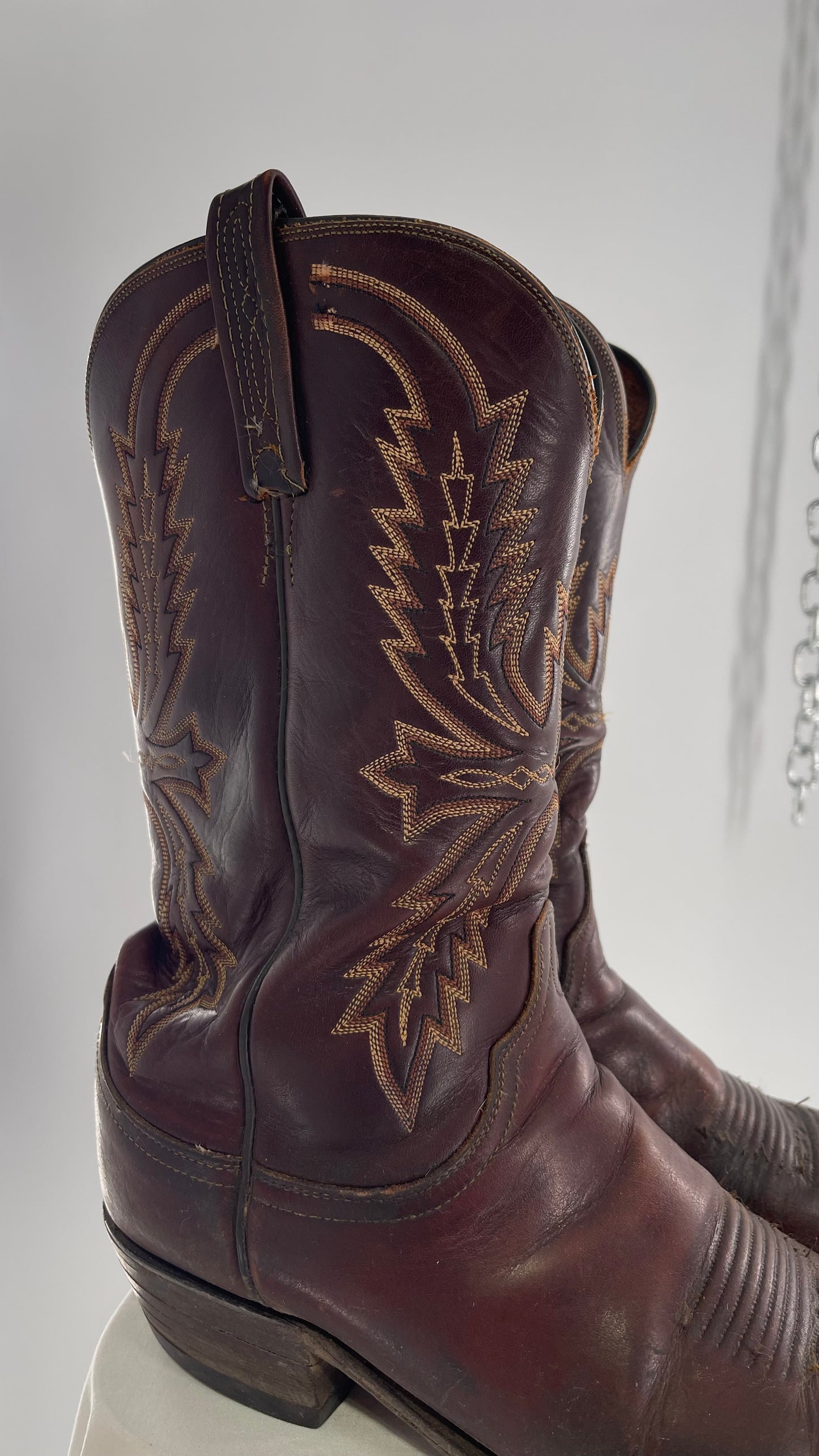 Vintage Men’s 1883 Luchesse Lived In Brown Cognac Leather Pointed Toe Cowboy Boots with Embroidery (12)