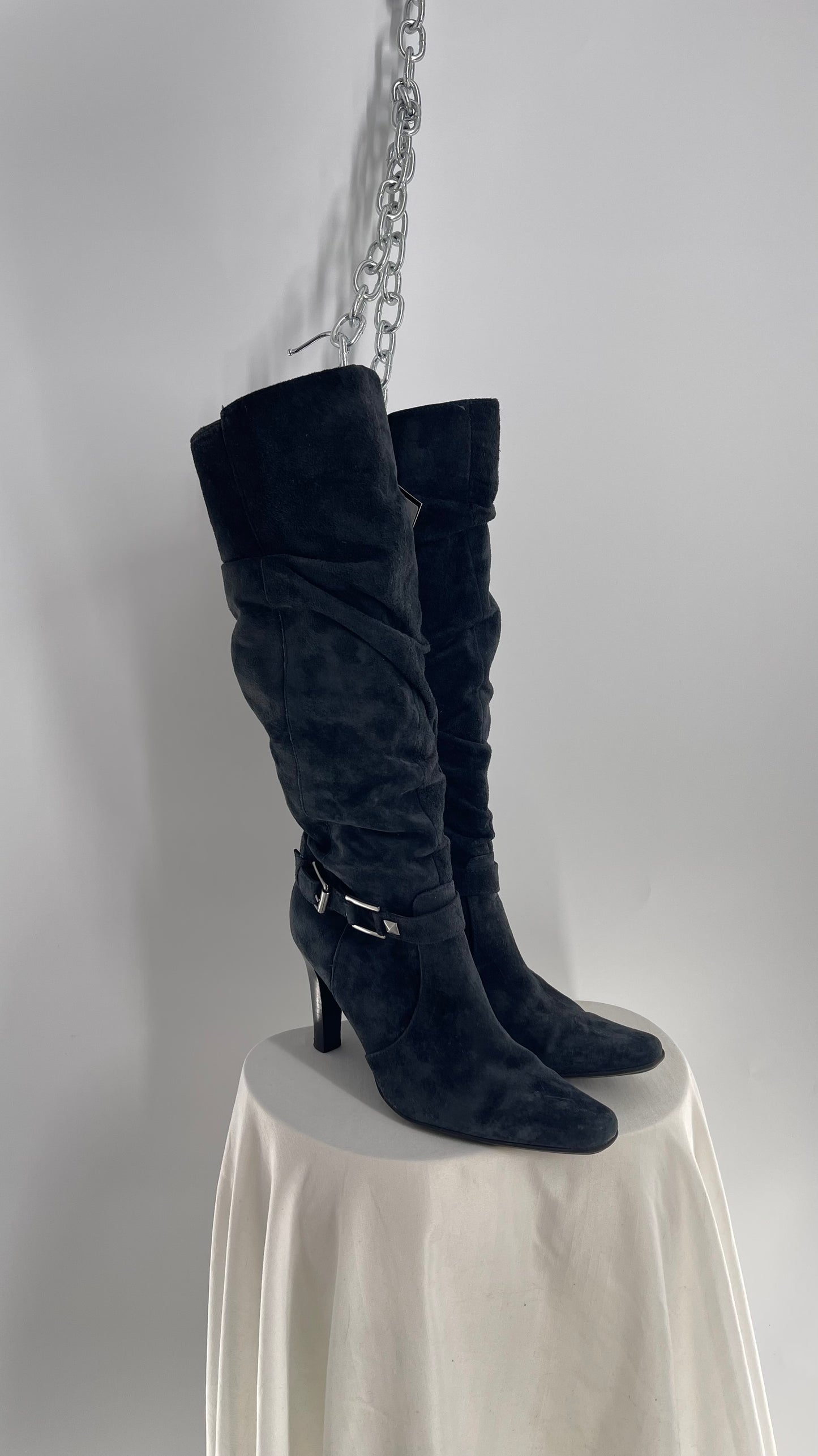 Vintage White Mountain Black Stacked Knee High Heel Boots with Ankle Stud and Buckle (7.5)