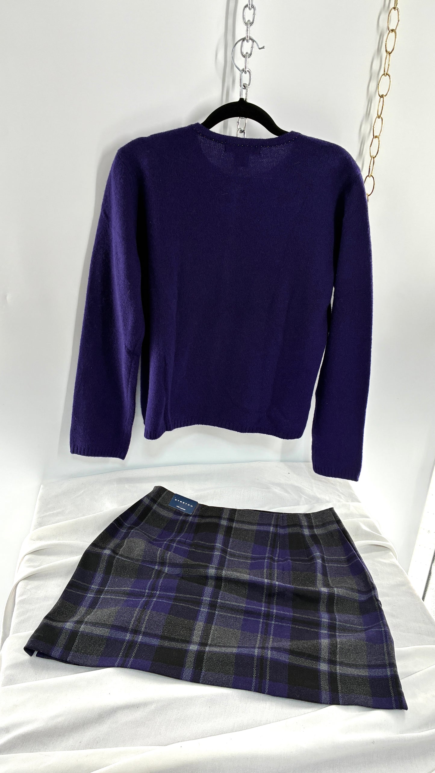 Deadstock Vintage THE LIMITED Japanese 100% Lambswool Purple Cardigan and Plaid Mini Skirt Set (L,10)