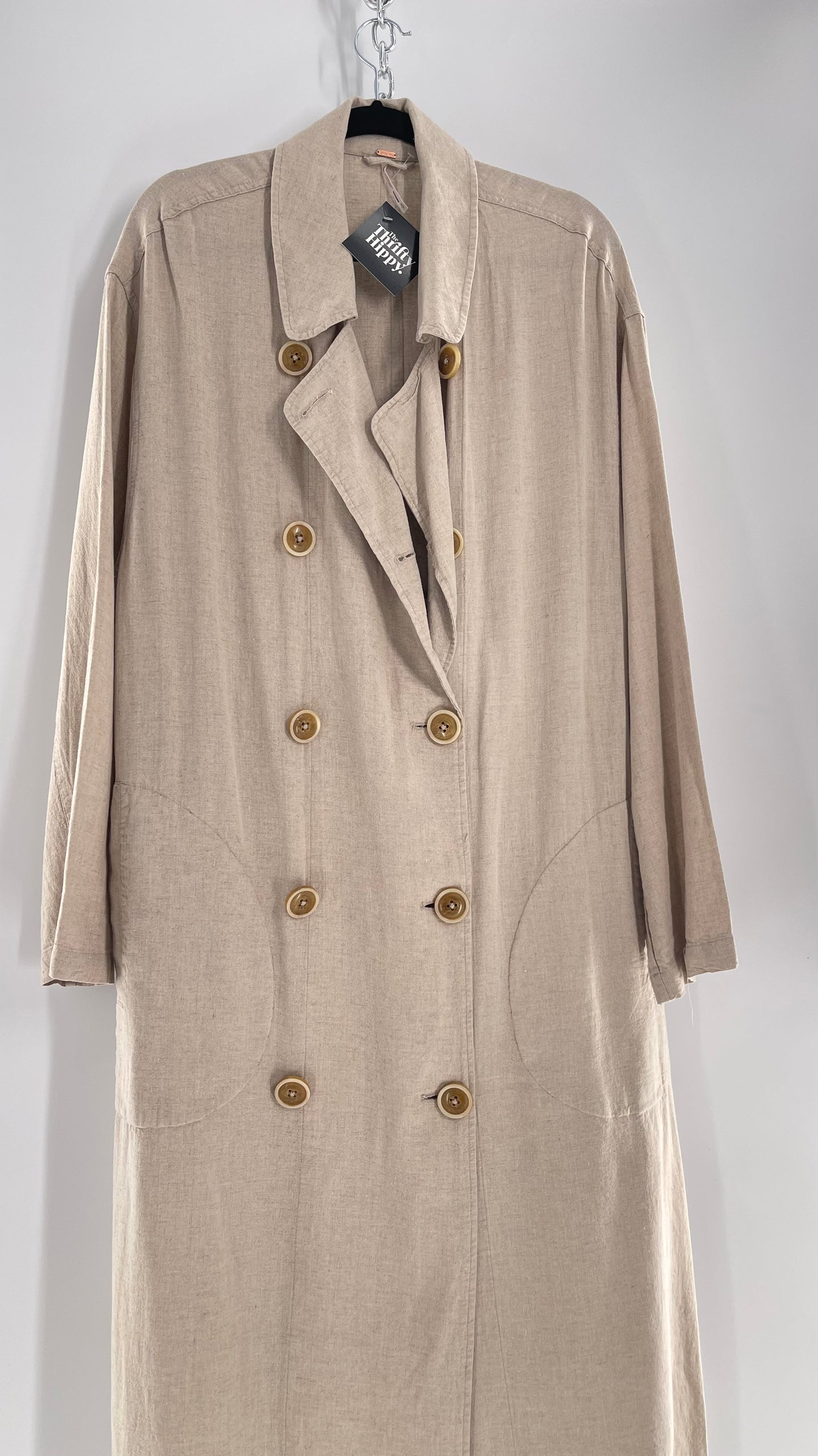 Free People Double Breasted Beige Linen Trench Coat with Brown Buttons and Tags Attached