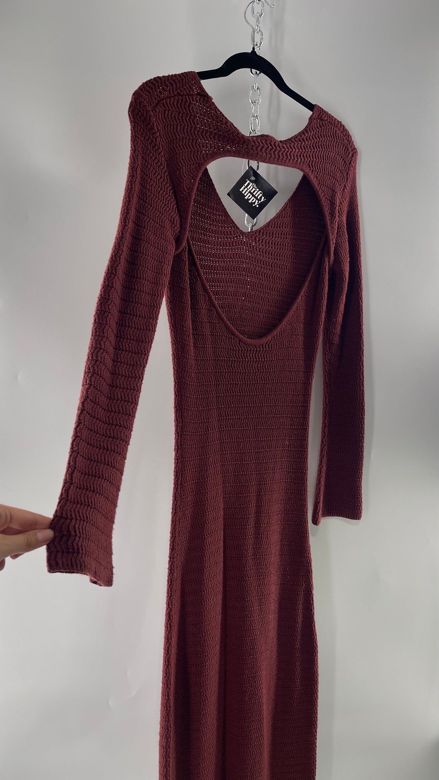 Free People Burgundy Knit Long Sleeve Maxi with Open Back (Large)