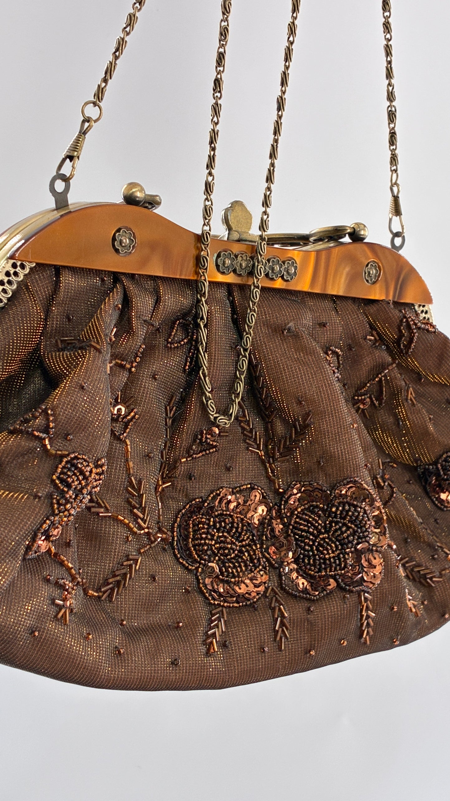 Vintage Brown Beaded and Sequin Purse with Bronze Metal Closure and Iridescent Fabric