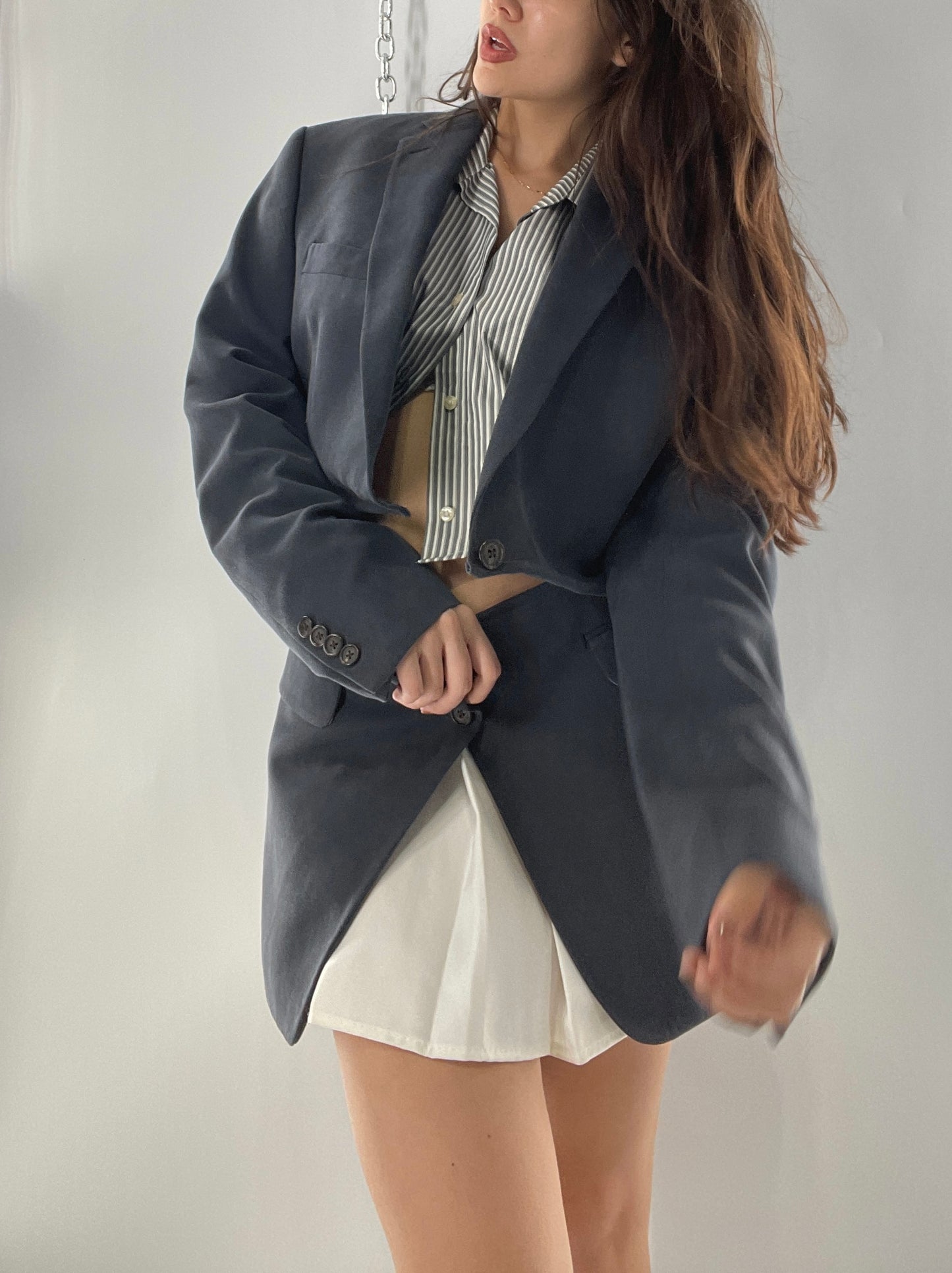 CUSTOM Handmade 2pc Suit Set Gray/Blue with Open Corset Back Skirt and Cropped Jacket (One Size)