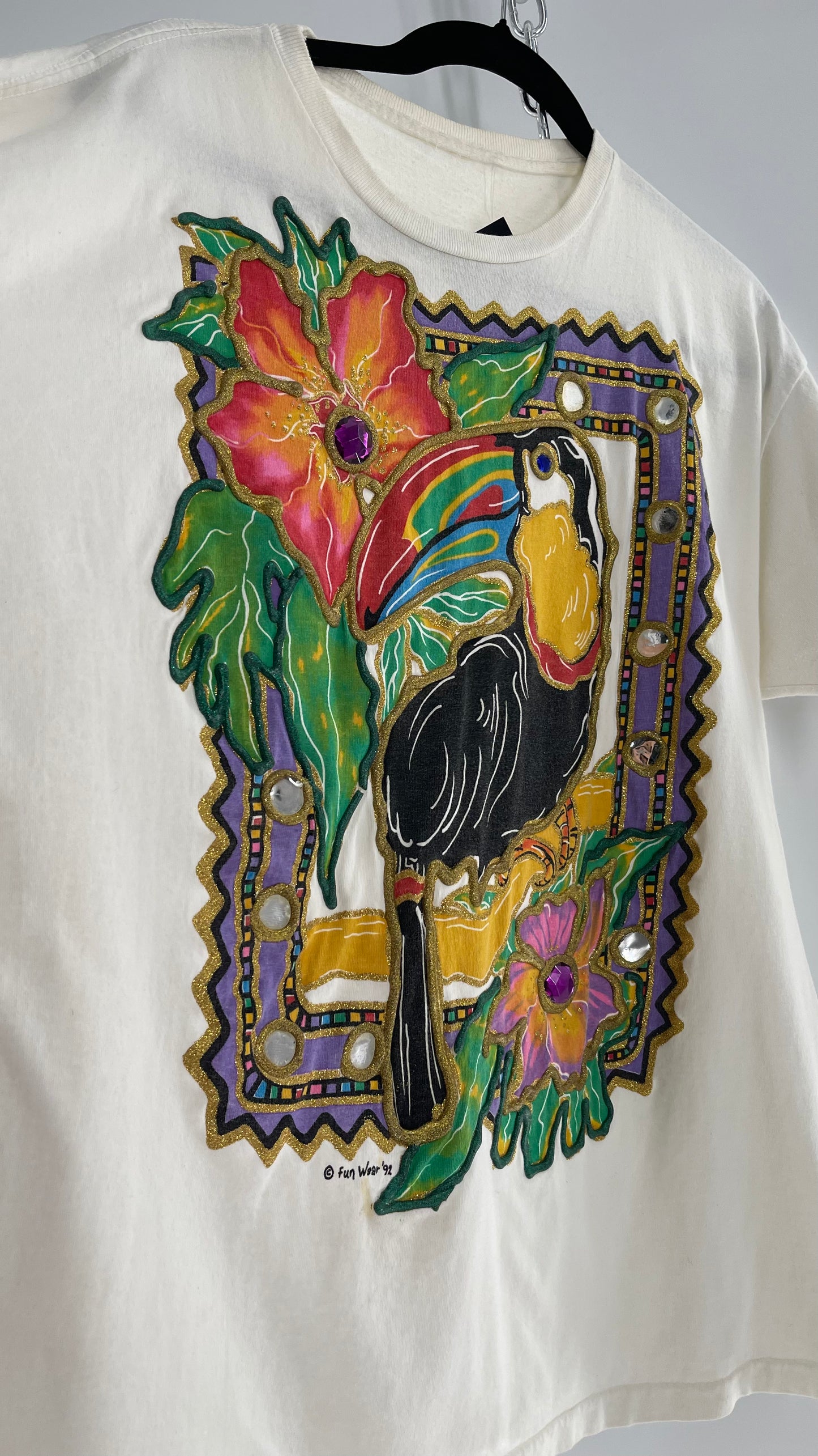 Vintage FUNWEAR 1992 White T Shirt Hand Dyed and Puff Painted with Tropical Motifs (M/L)