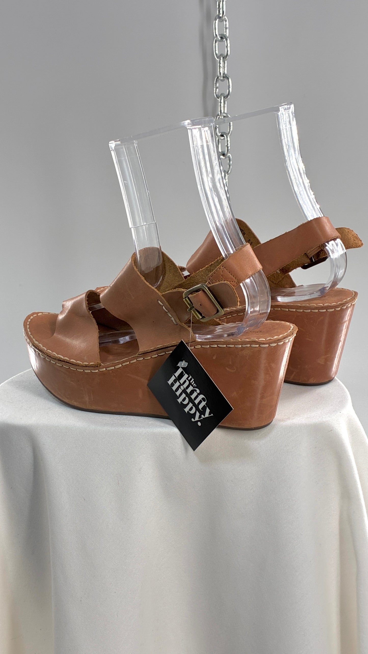 Chocolat Blu Tan Genuine Leather Wedge Platform Sandals (8.5)
