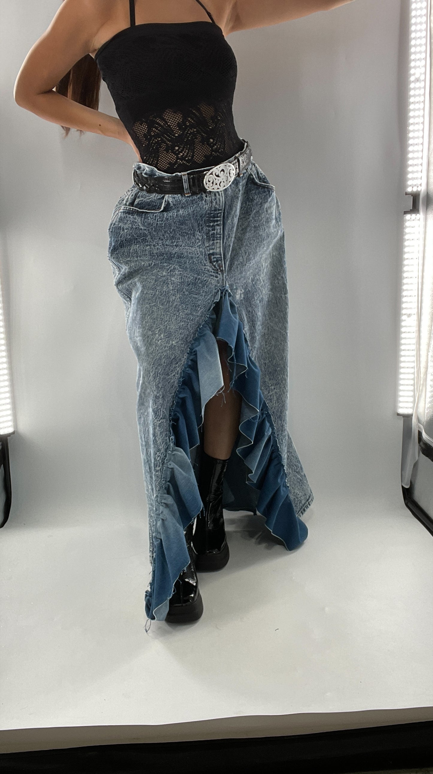 Custom Handmade Acid Wash Denim Slit Front Ruffled Skirt with Bow Bum (Large)