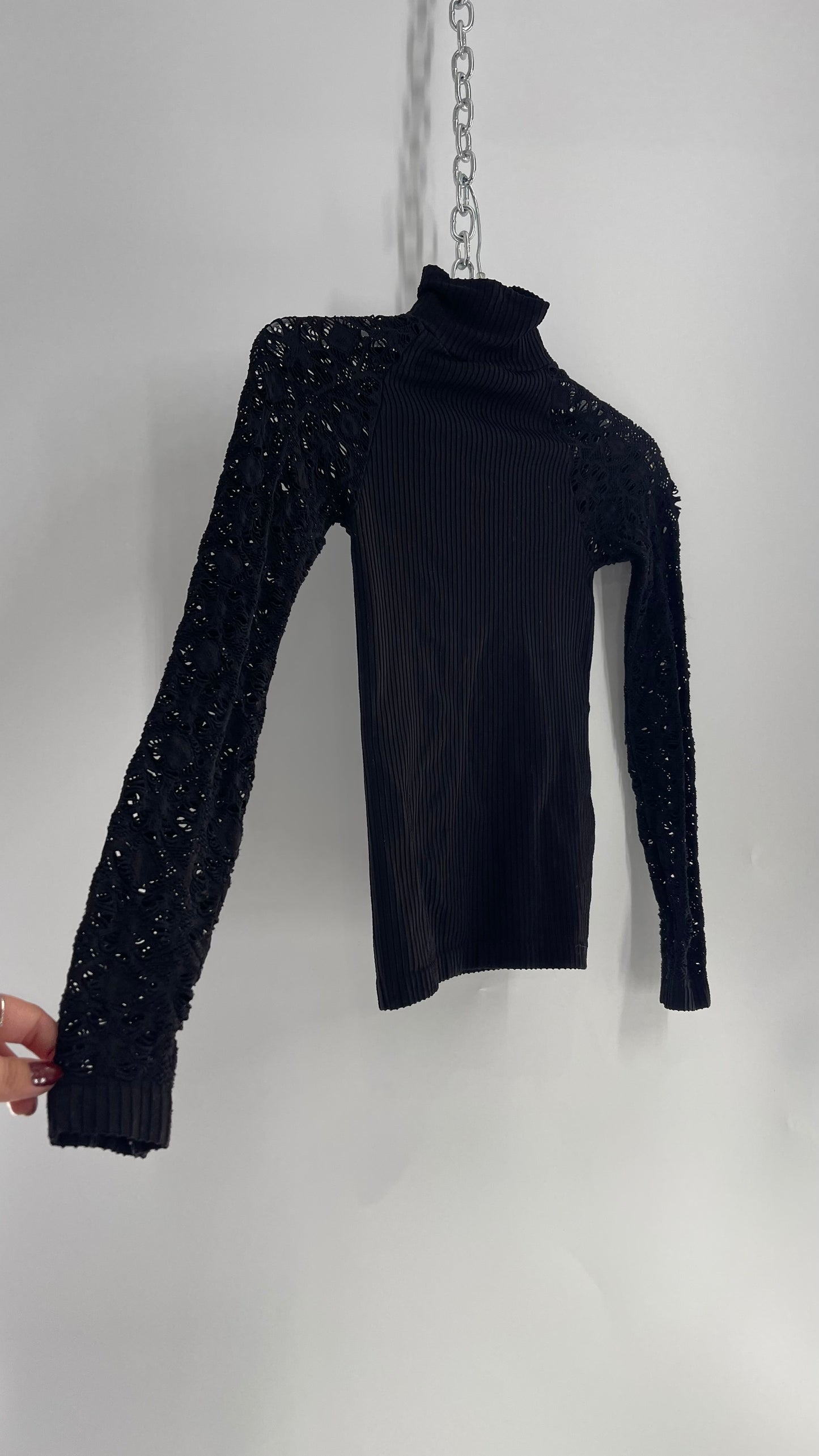 Free People Worn Black Spandex/Nylon Turtle Neck with Lace/Perforated Sleeves (XS/S)