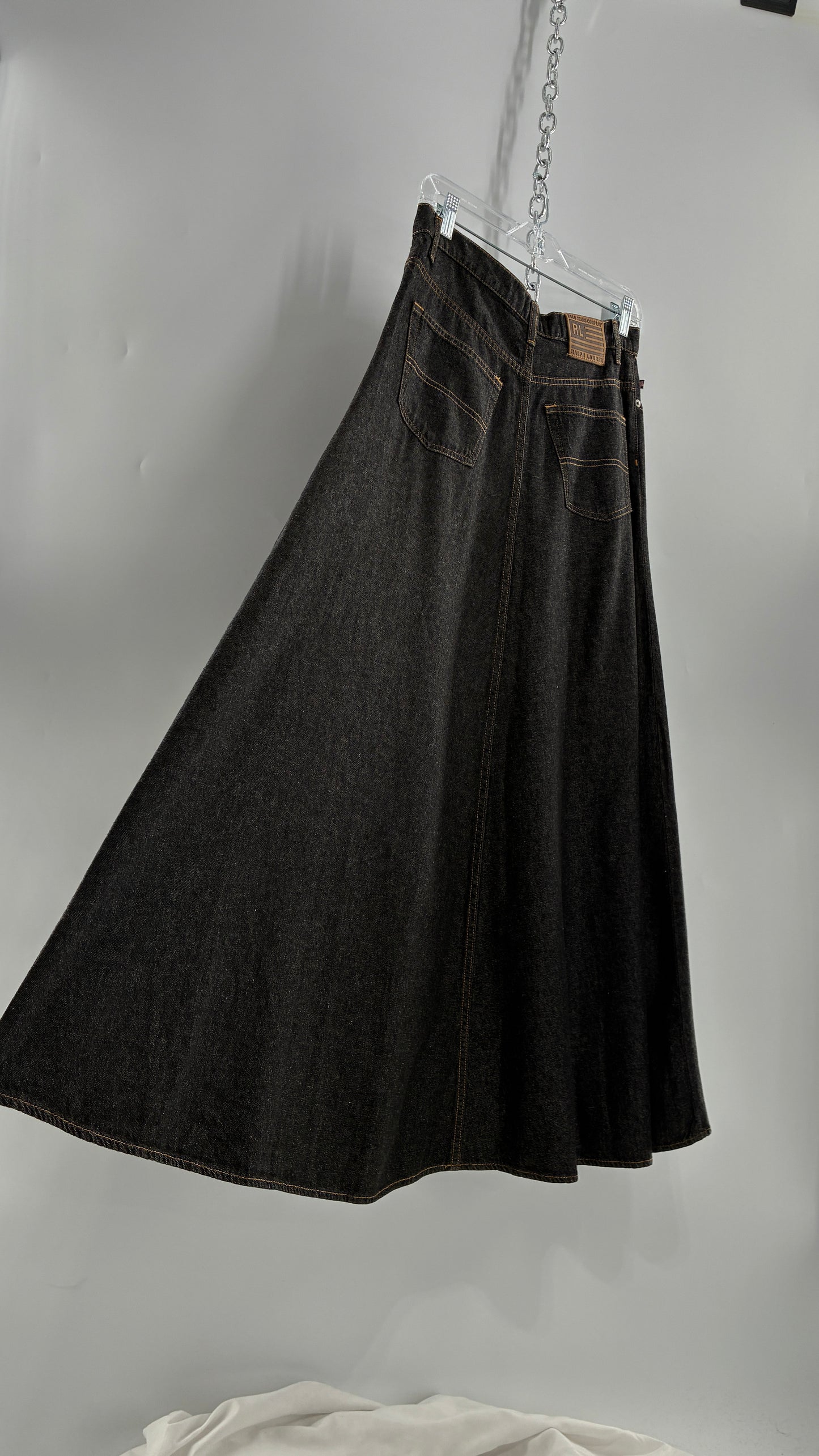 Vintage Ralph Lauren 100% Cotton Dark Wash Denim Full Length Skirt  (6)
