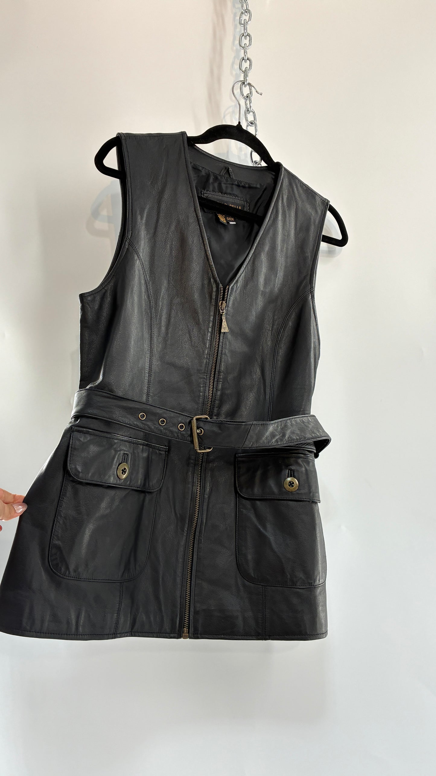 Vintage OTELLO PELLE Black Genuine Leather Belted Vest or Mini Dress Overlay (Small)