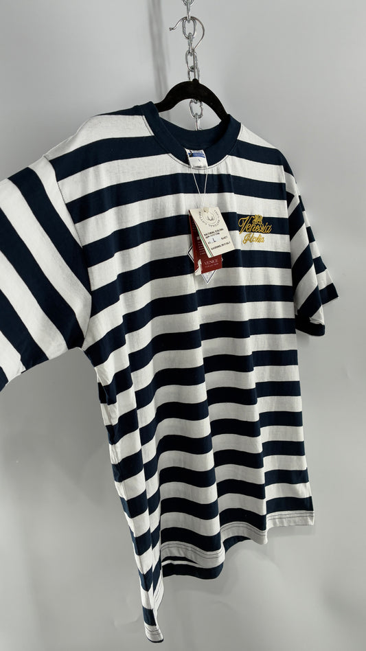 Vintage VENEZIA Striped Navy Short Sleeve with Gold Embroidery Designed in Italy (Large)