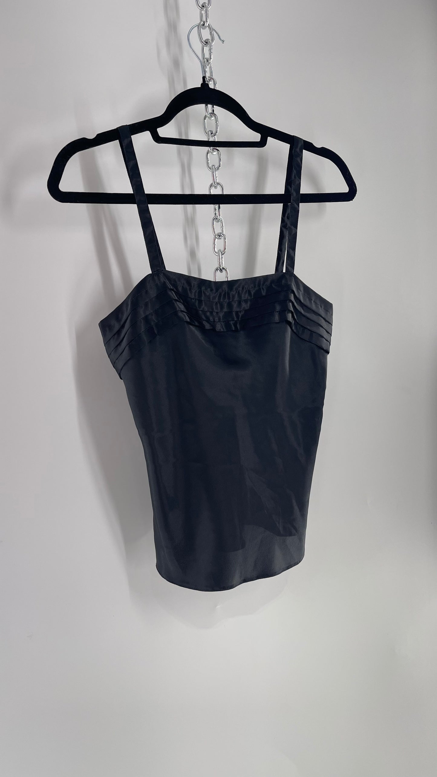 Vintage Silky Black Camisole with Pleated Neckline (Small)