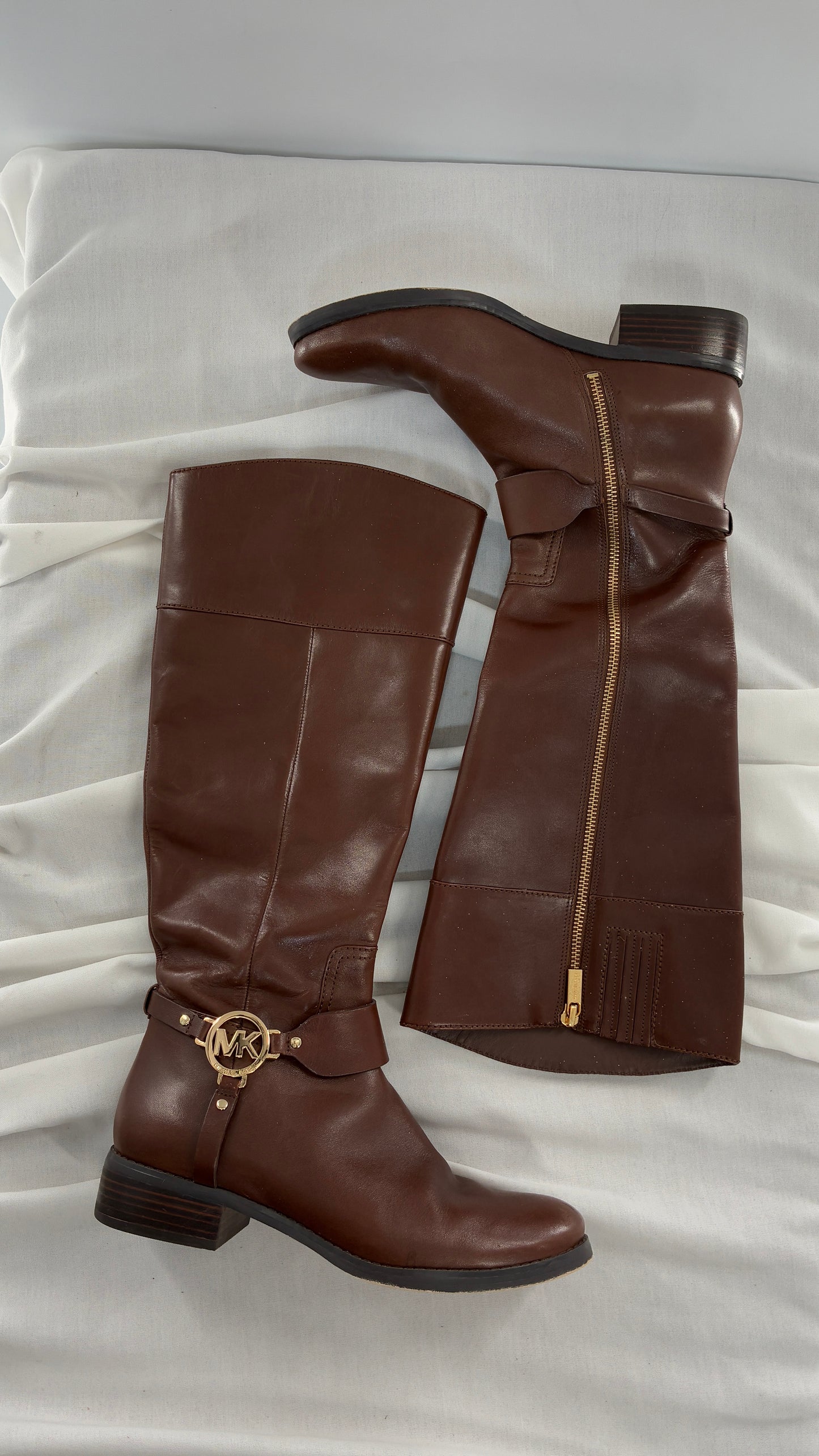 Vintage MICHAEL KORS Knee High Brown Genuine Leather Moto Boot with Gold Detailing (9)