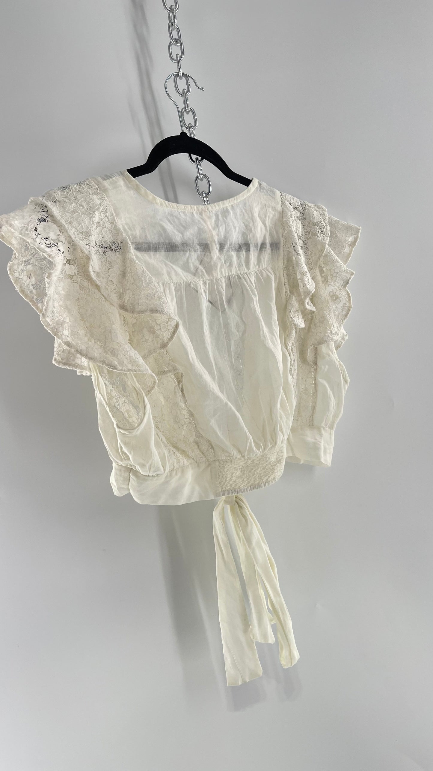 Free People White Cotton Cropped Wrap Around Blouse with Lace Details (L)