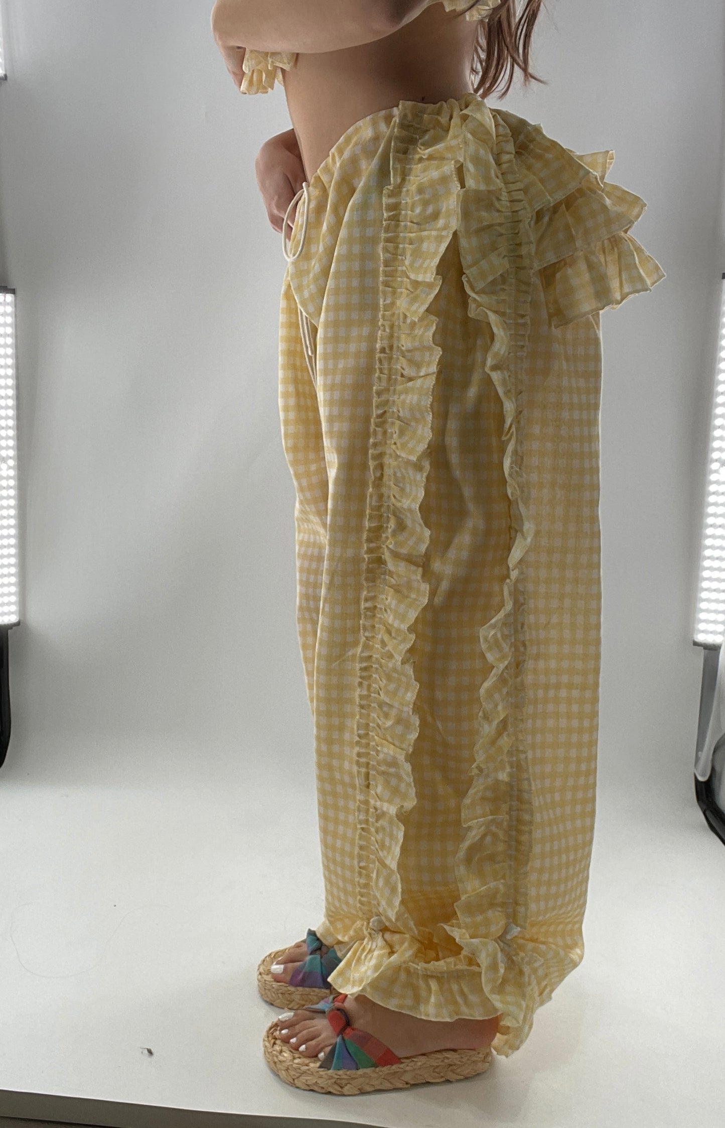 Vintage 2 Piece Yellow Checkered/Gingham Patterned Picnic Set with Ruched Bust Top and Ruffle Side Wide Legs with Adjustable Length, Strap Up Buttons on Hem (One Size)