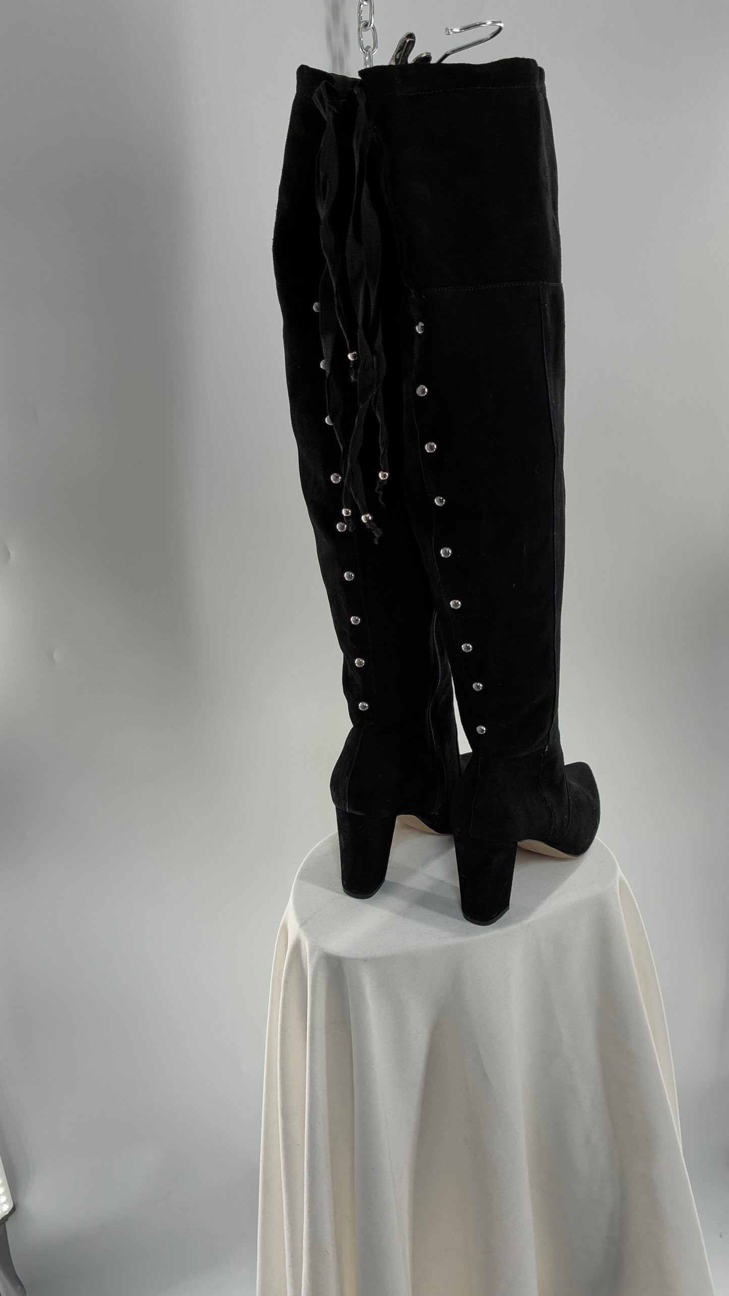 Vintage Black Genuine Suede ADRIENNE VITADINI Thigh High Pointed Toe Boots with Stud Detailing (10)