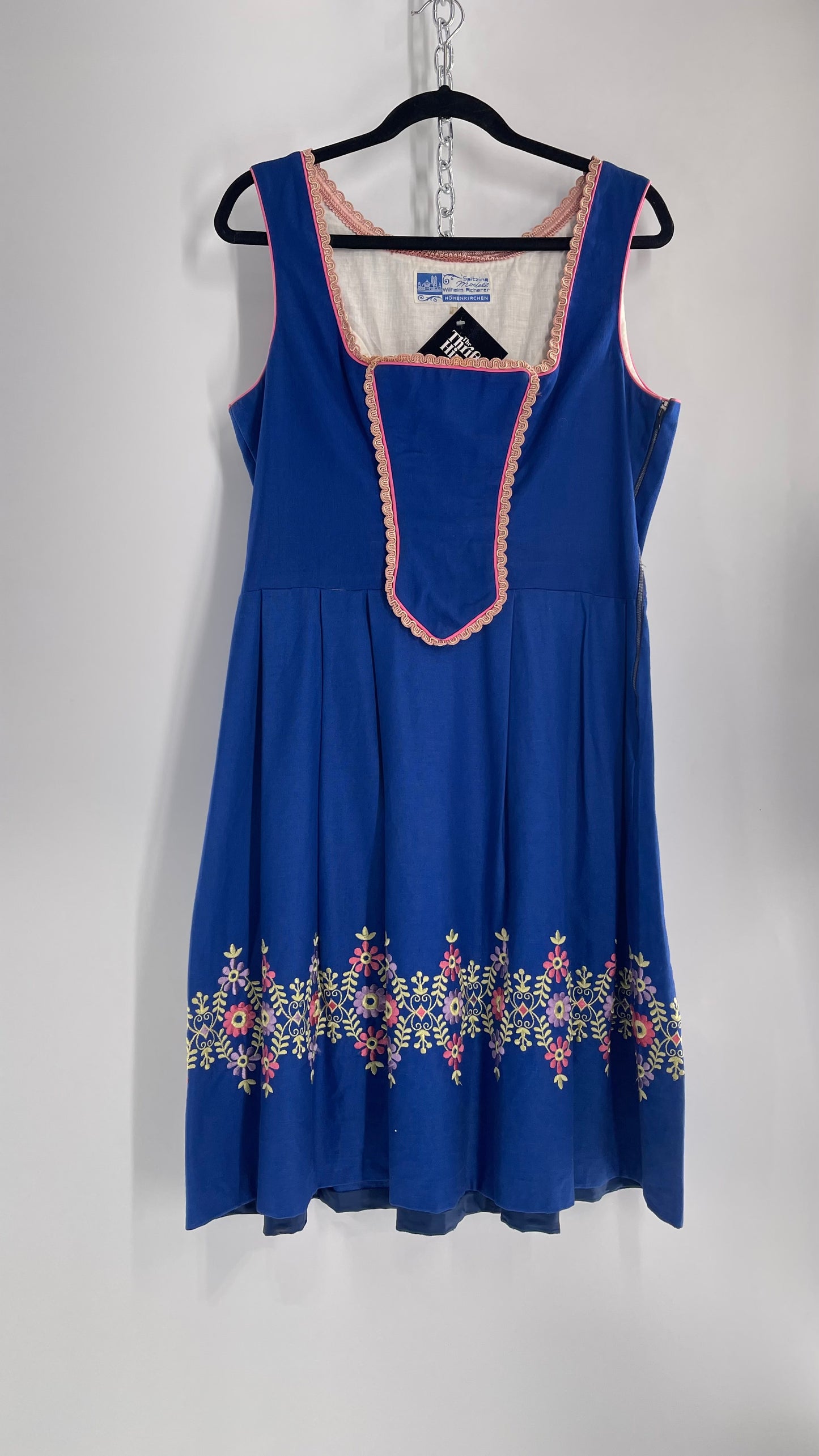 Vintage 1970s Spitzing Modell Wilhelm Picherer Hohenkirchen Traditional German Hand Embroidered Royal Blue Dress (M)