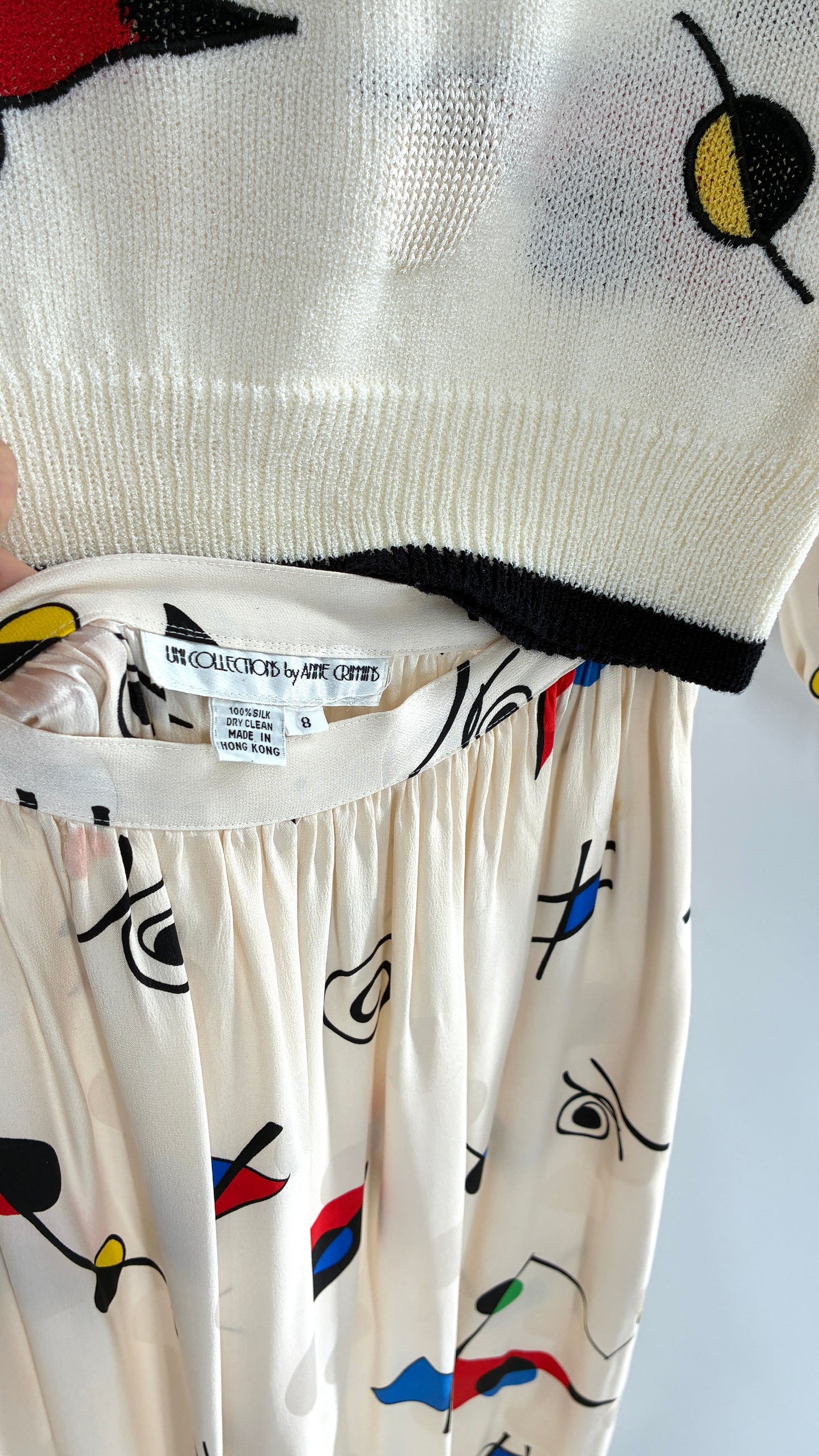 Vintage 1980s UMI collections by Anne Crimmins Off White 2 Piece Set with Abstract Embroidered Designs and 100% Silk Polka Dot Print Skirt (Medium Sweater, 8 Skirt)