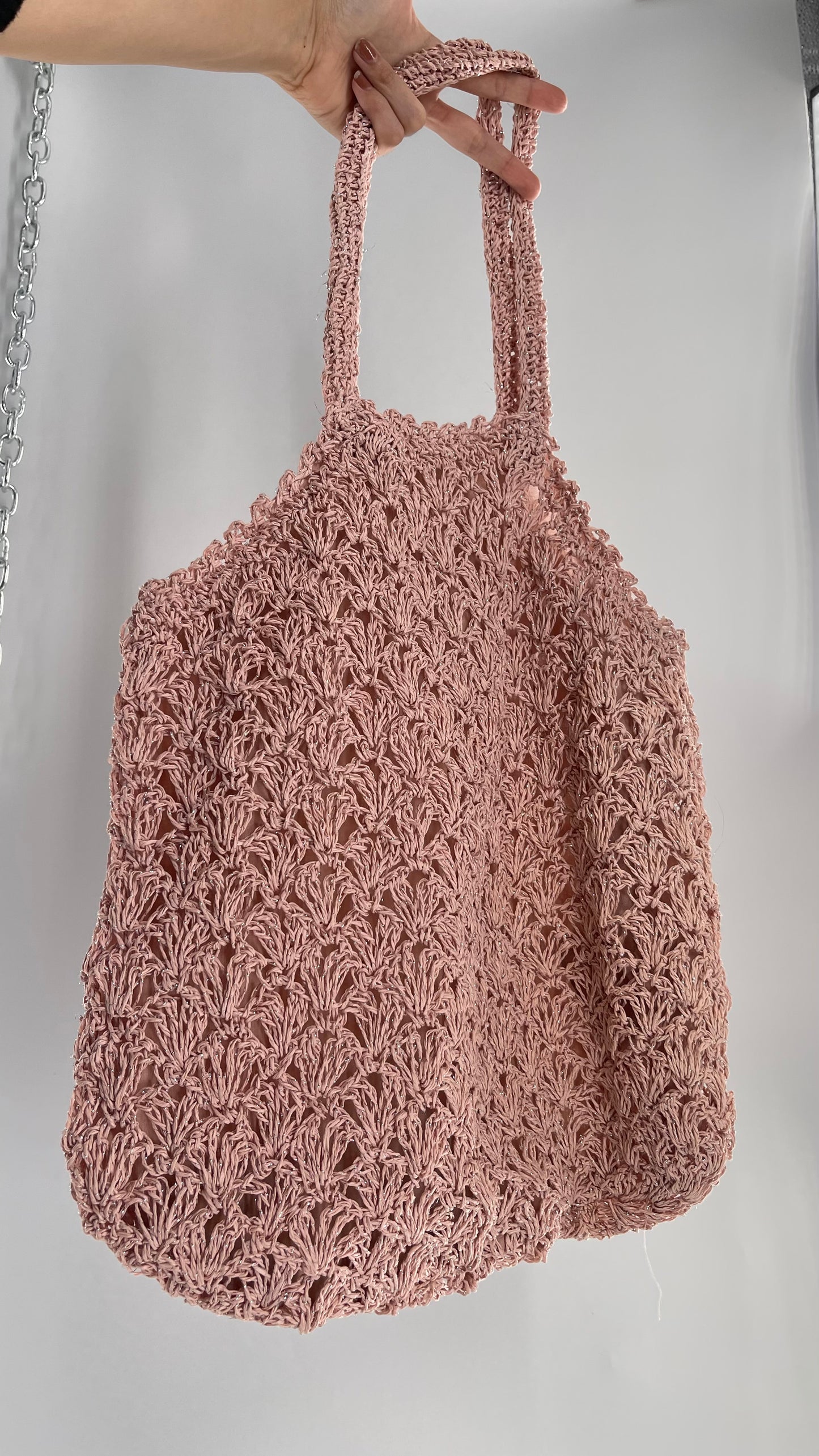 Urban Outfitters Baby Pink Straw Tote Bag with Silver Tinsel