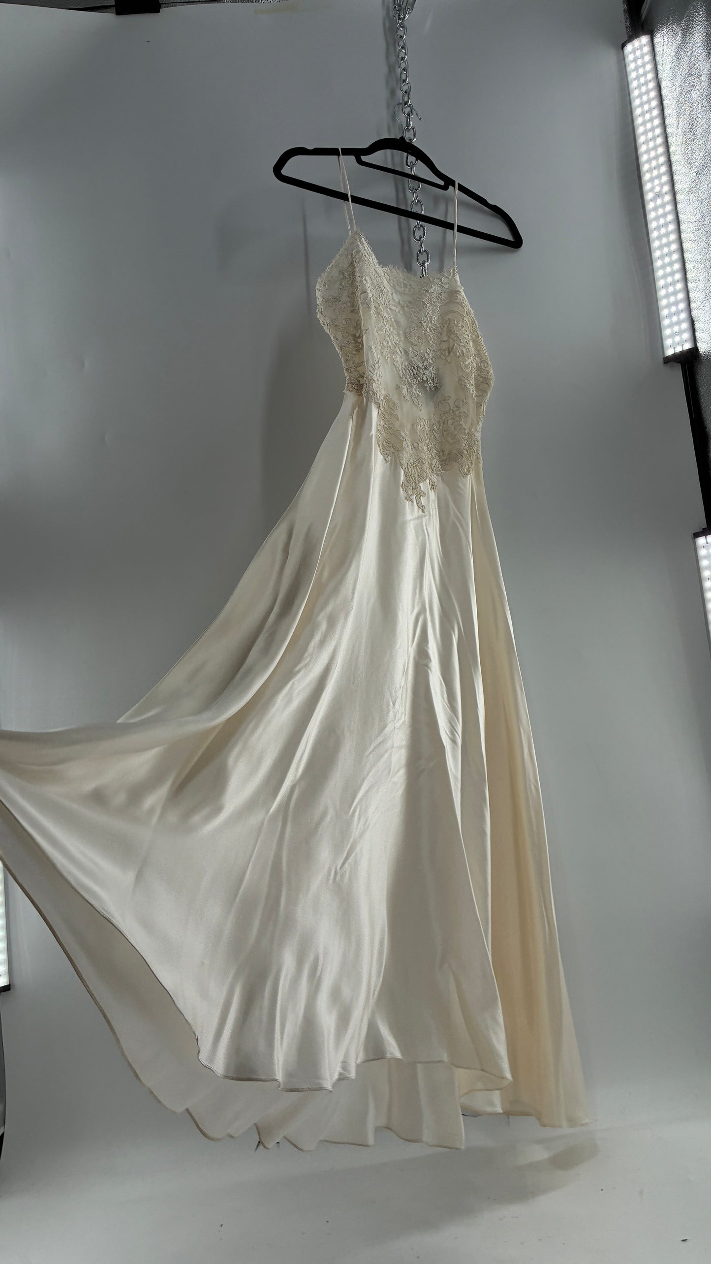 Vintage JONQUIL 100% Silk Gown with Heavy Lace Appliqués  and Low Cut Sheer Back (Medium)