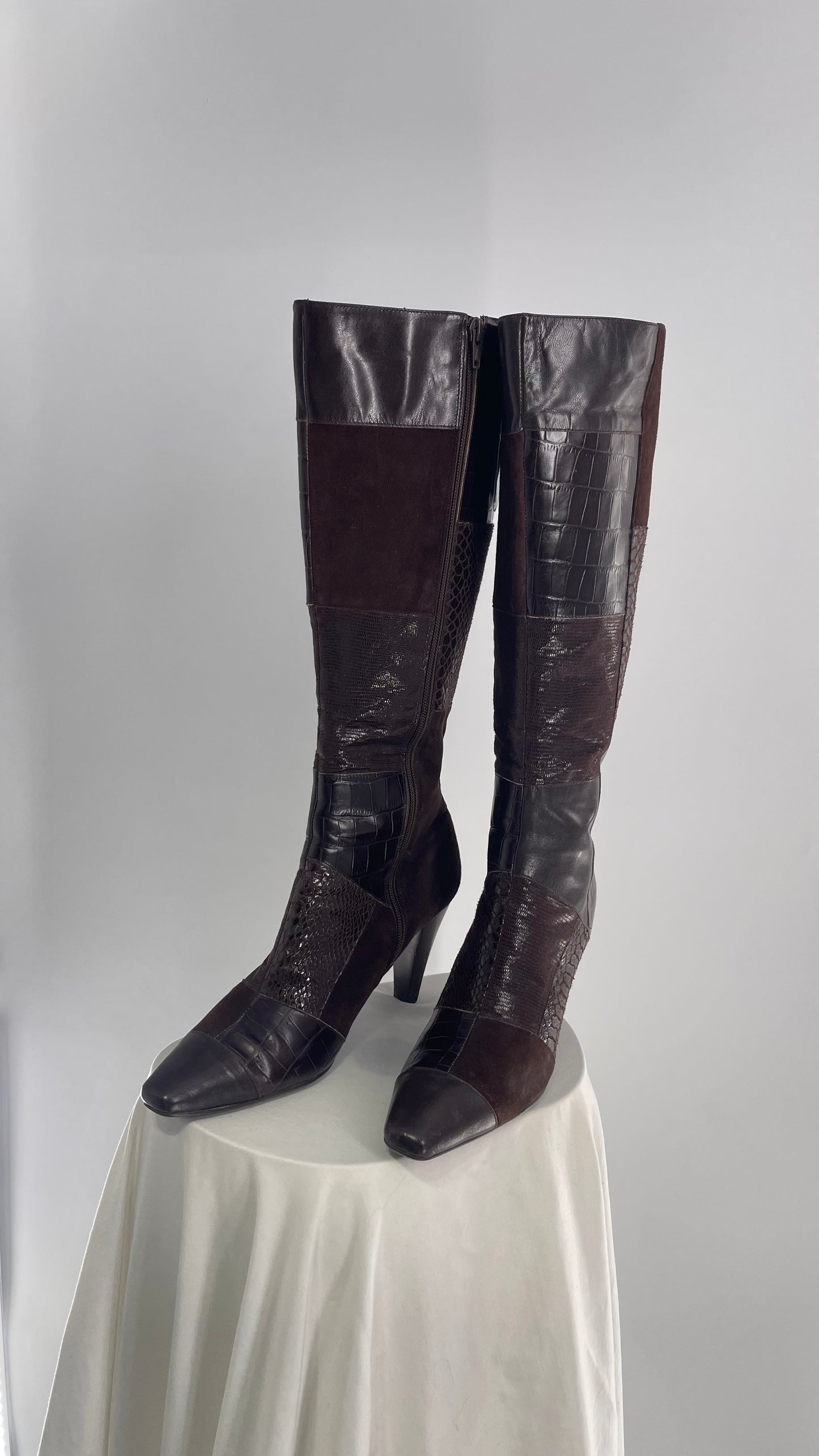 Vintage Bandolino Pointed Toe Patchwork Leather Knee High Boots (10)