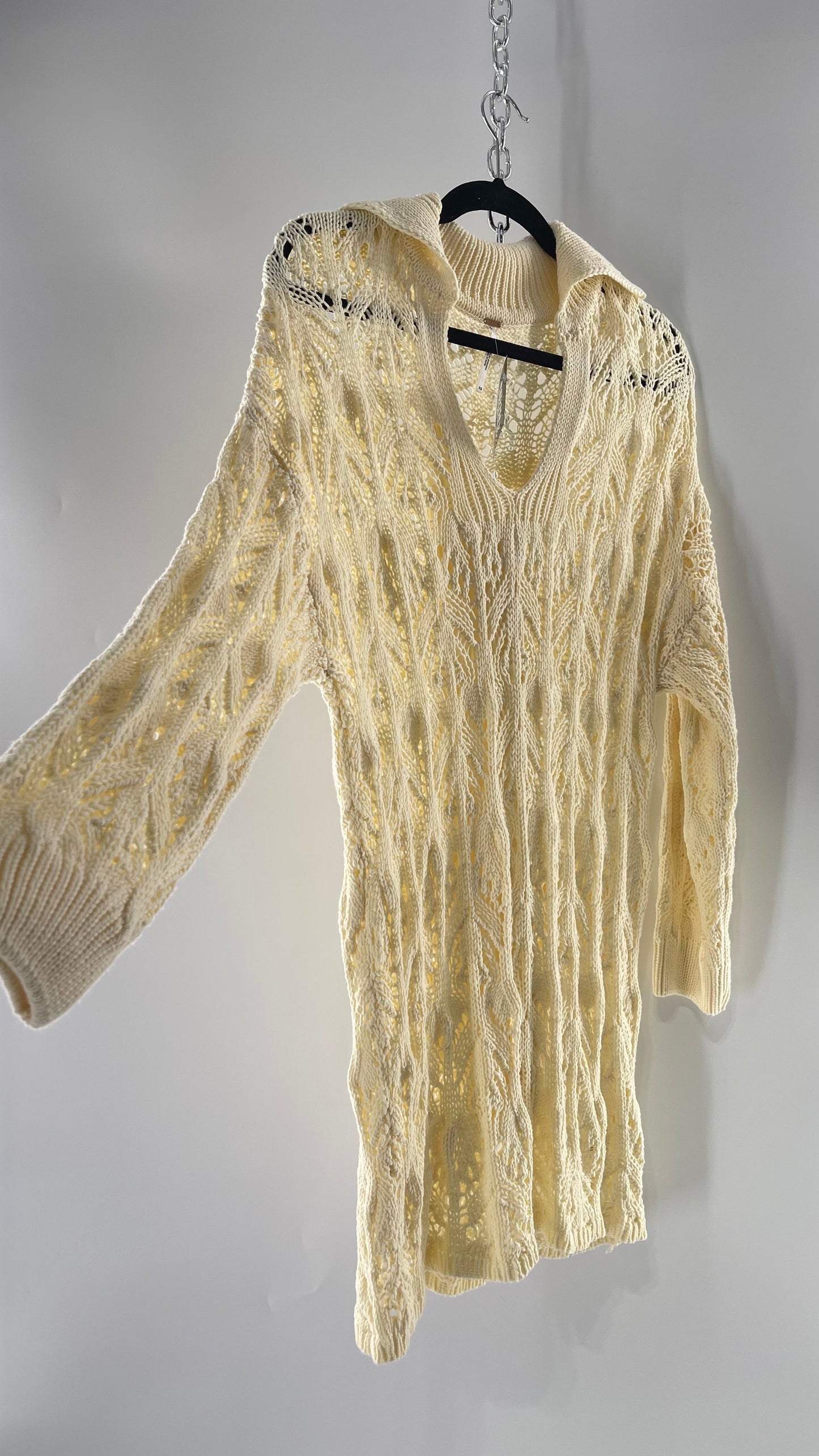 Free People Baby Yellow Comfy n Cozy Open Stitch Knit Sweater Dress (S)