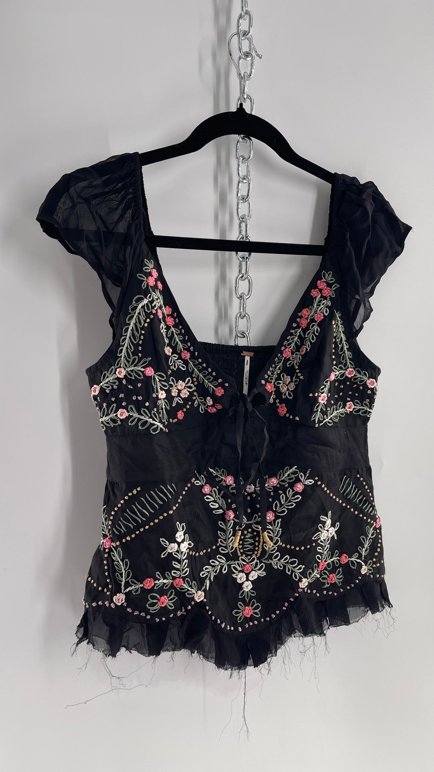 Free People Black Embroidered Tunic Blouse (XS)