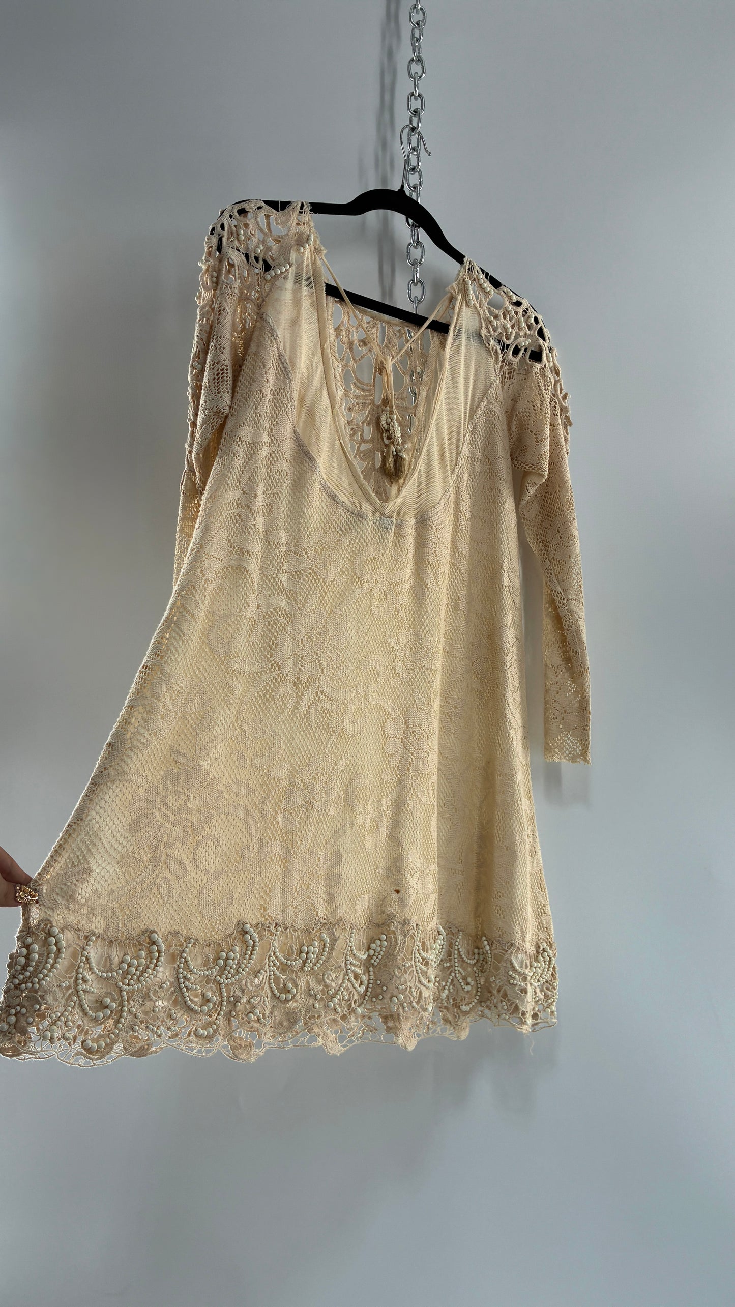 Vintage Free People Beige Long Sleeve Lace Dress with Deep Neckline, Low Back and Beaded Details
